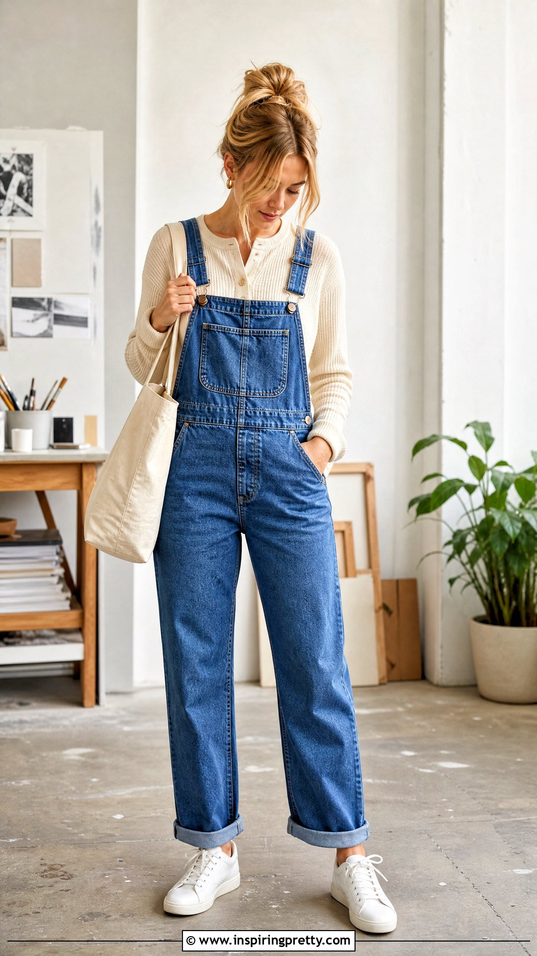 Henley Top With Denim Overalls - 50 henley top outfit ideas
