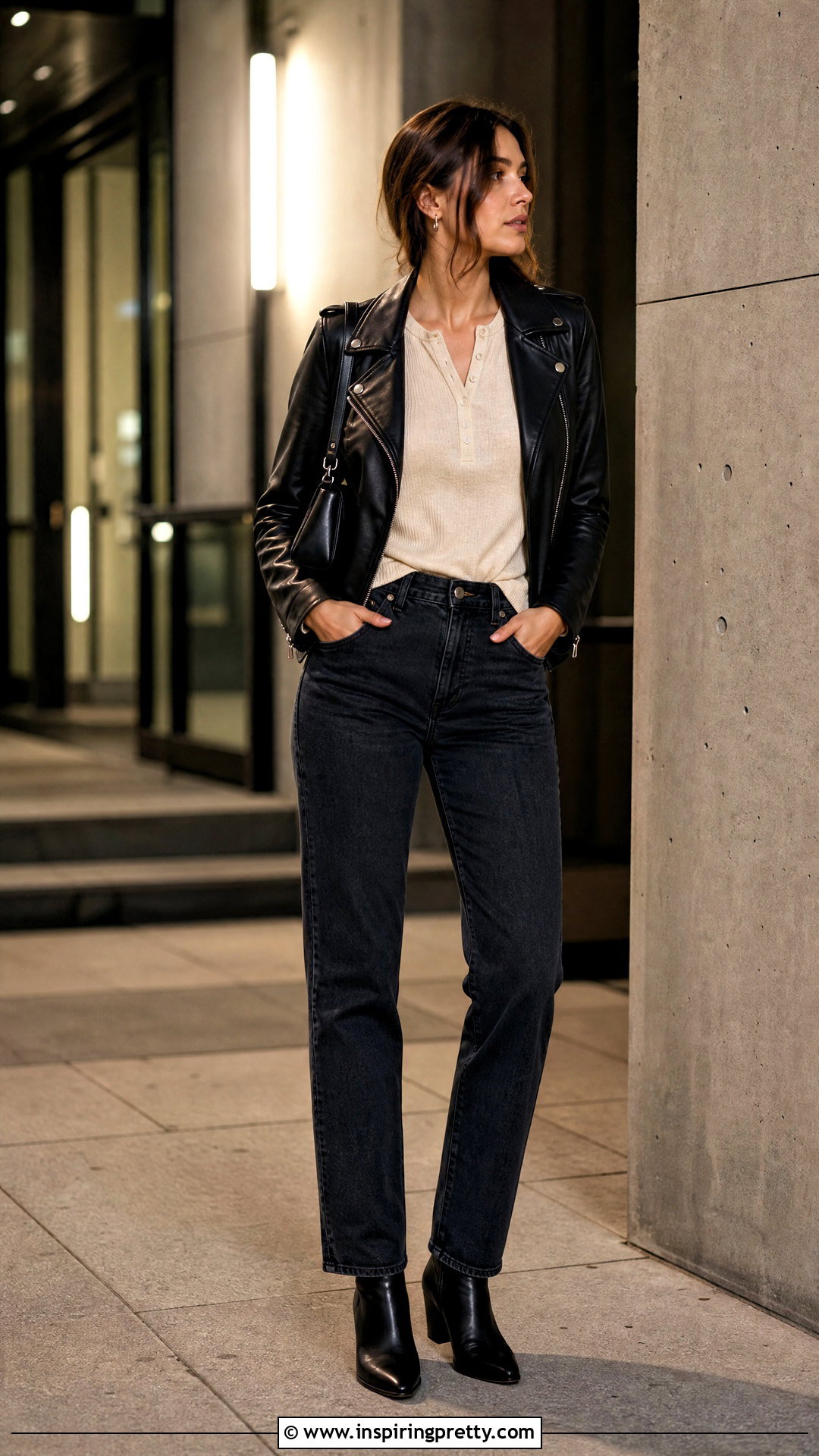 Henley Top With Leather Jacket And Jeans - 50 henley top outfit ideas