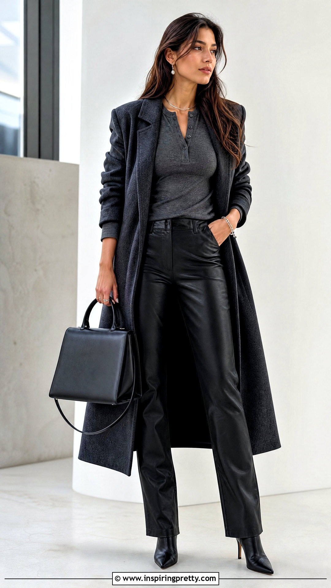 Henley Top With Leather Pants - 50 Henley Top Outfit Aesthetic Ideas