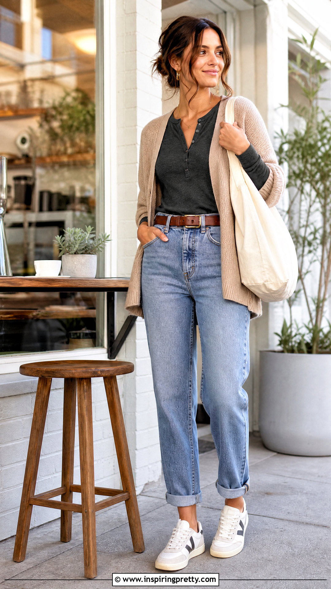 Henley Top With Mom Jeans - 50 Henley Top Outfit Aesthetic Ideas