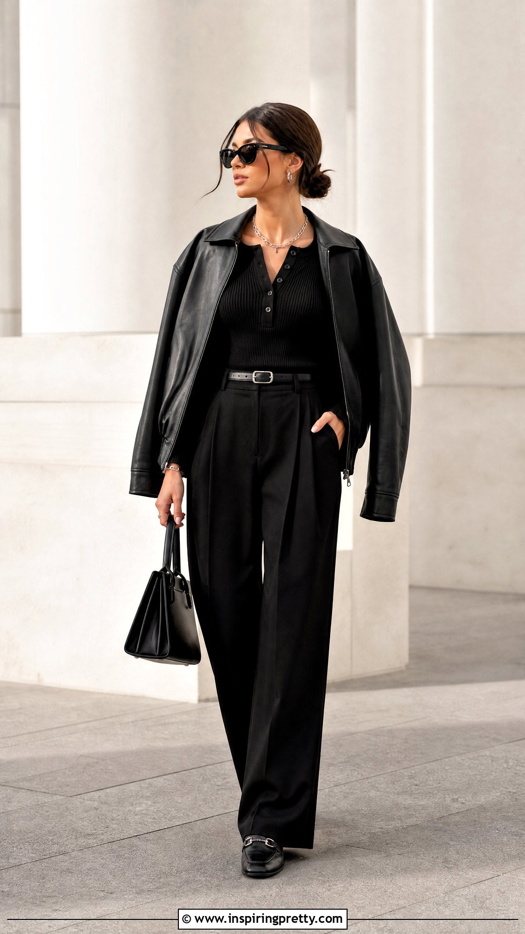 Henley Top With Monochrome Black Layers - 50 Henley Top Outfit Aesthetic Ideas