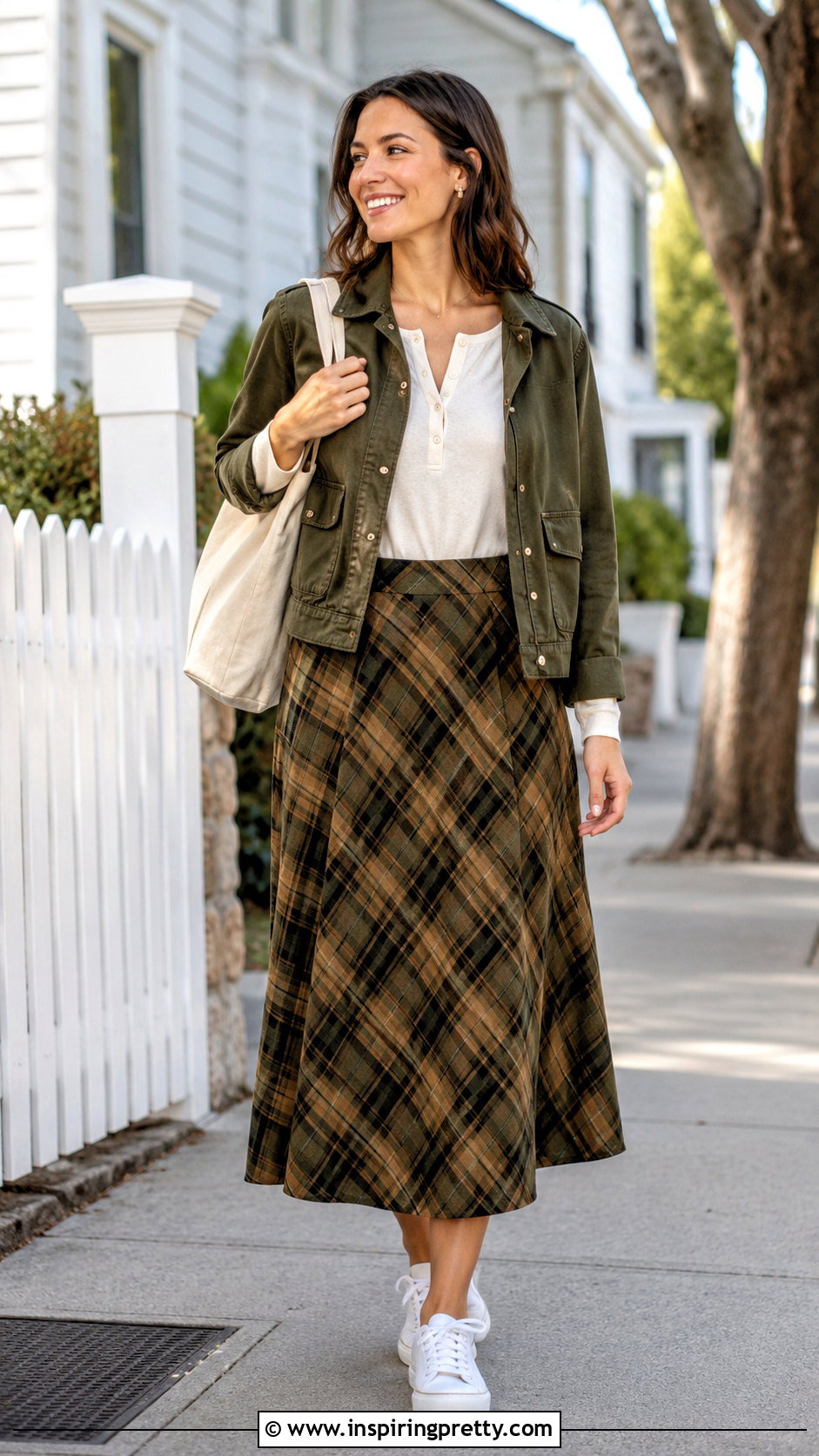 Henley Top With Plaid Skirt and Casual Sneakers - 20 tops to wear with plaid skirts