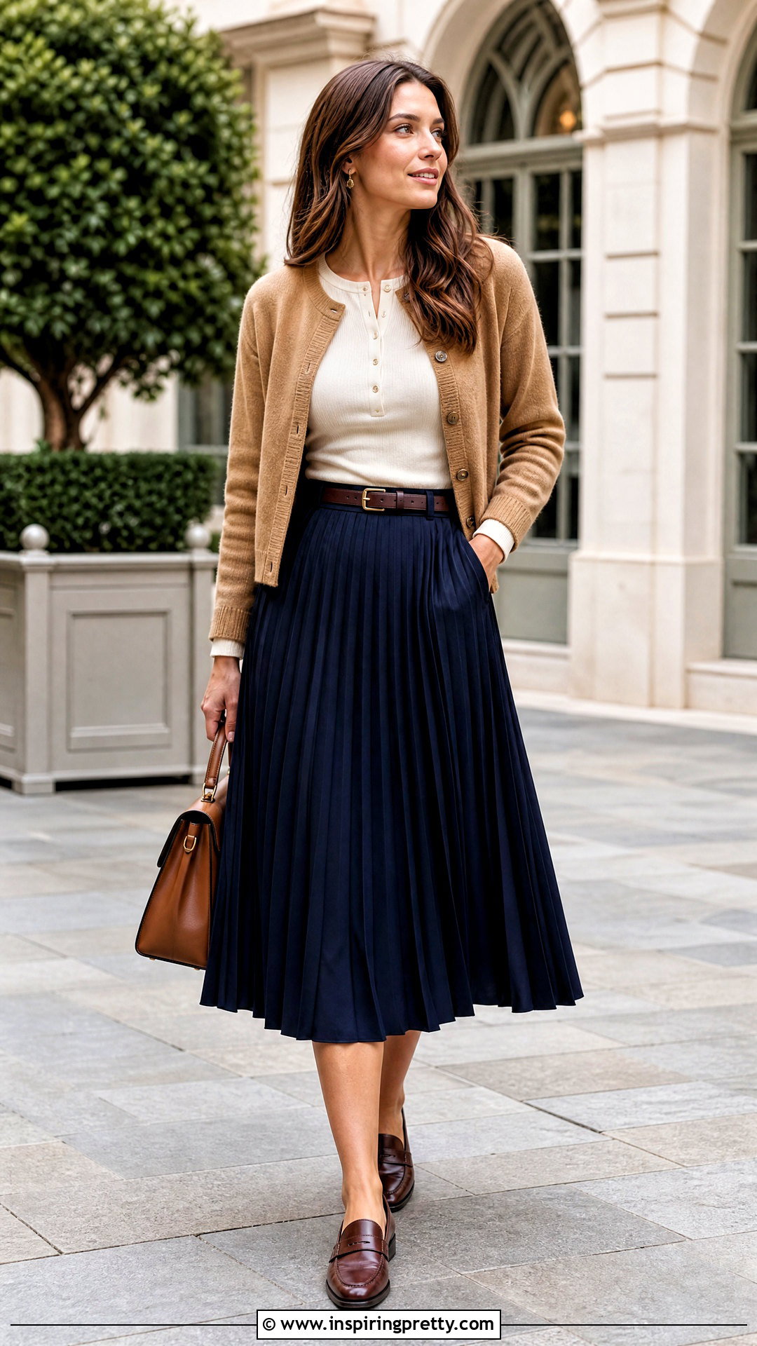Henley Top With Pleated Midi Skirt - 50 henley top outfit ideas