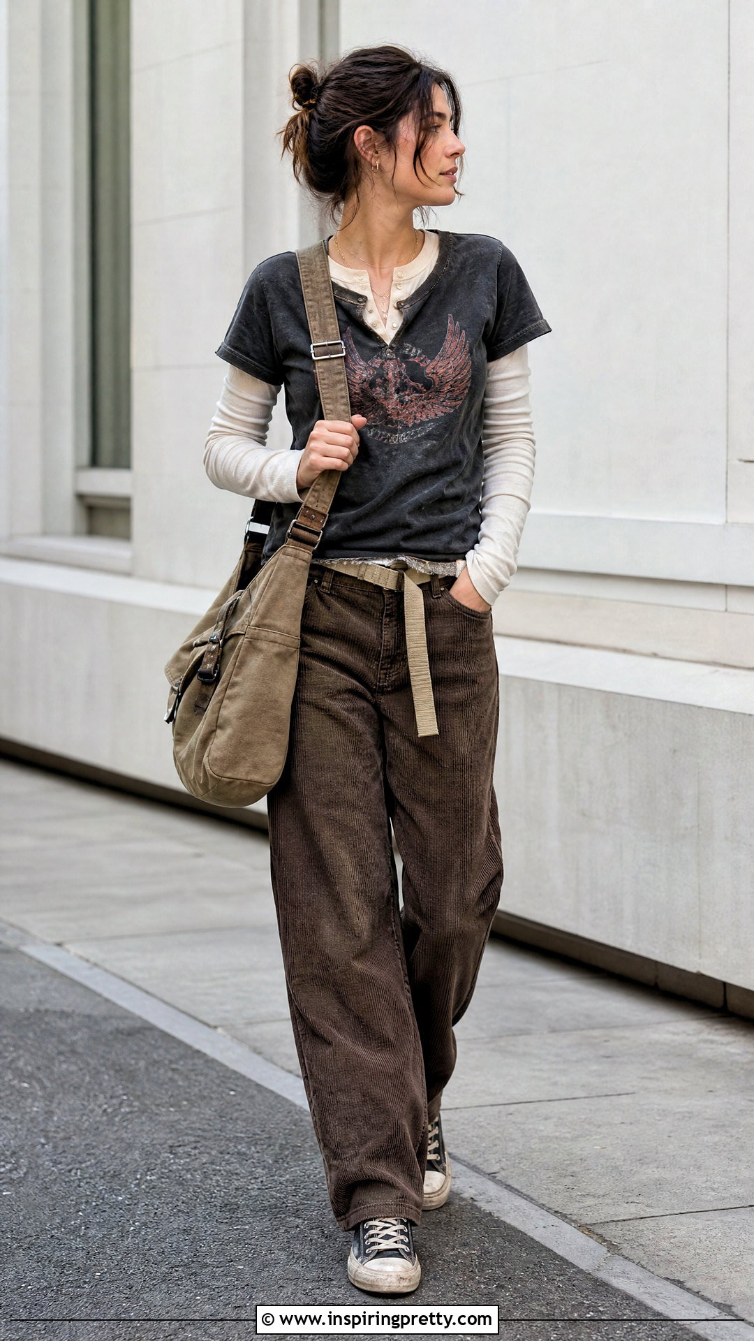 Henley Under Distressed Tee Grunge Outfit - 20 Layered Tops Outfits Grunge Ideas
