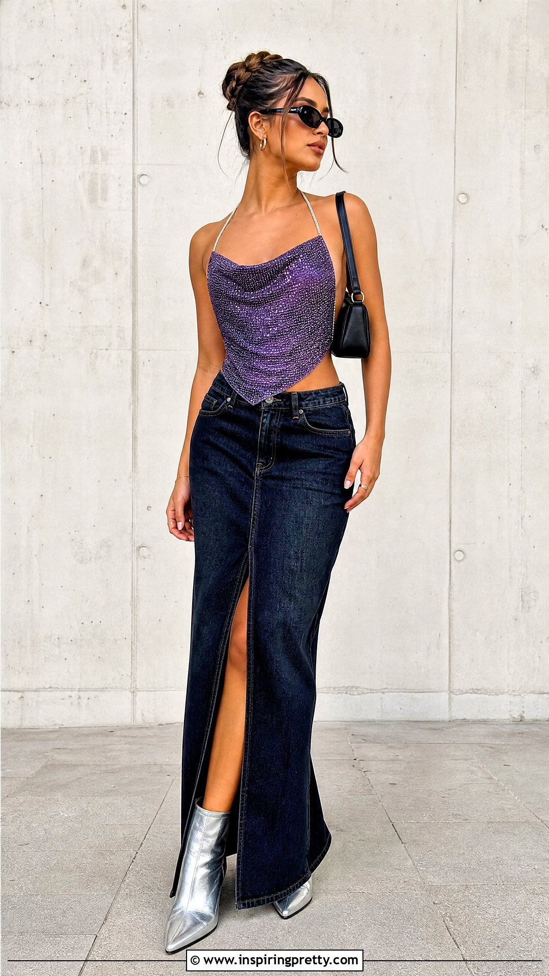 Hera Backless Diamante Top With Denim Maxi Skirt - 20 Hera Backless Diamante Top outfit ideas