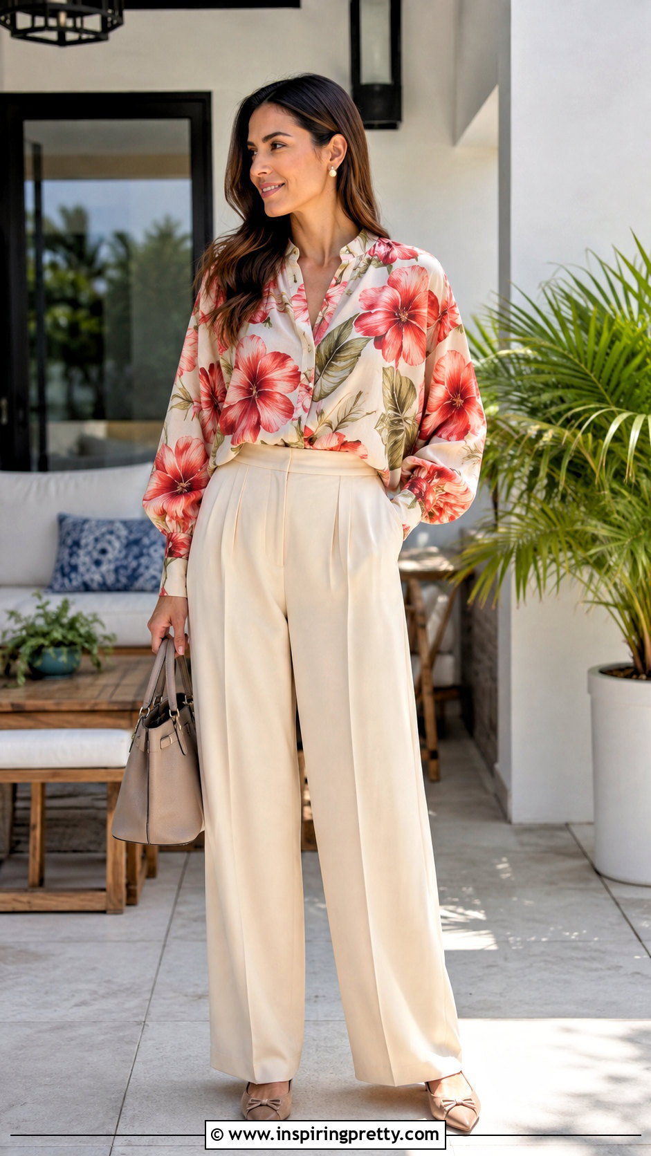 Hibiscus Blouse With Pleated Trousers - 50 Hibiscus Tops