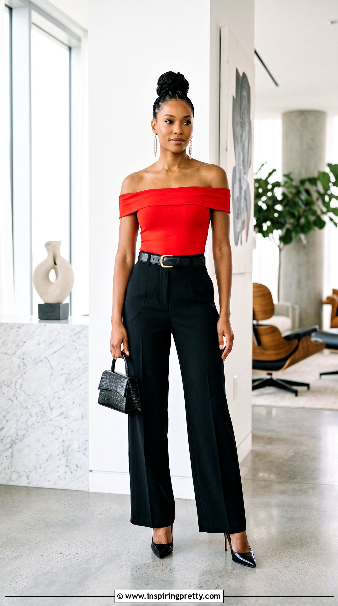 High Bun With Off Shoulder Top - 50 off shoulder top hairstyle ideas