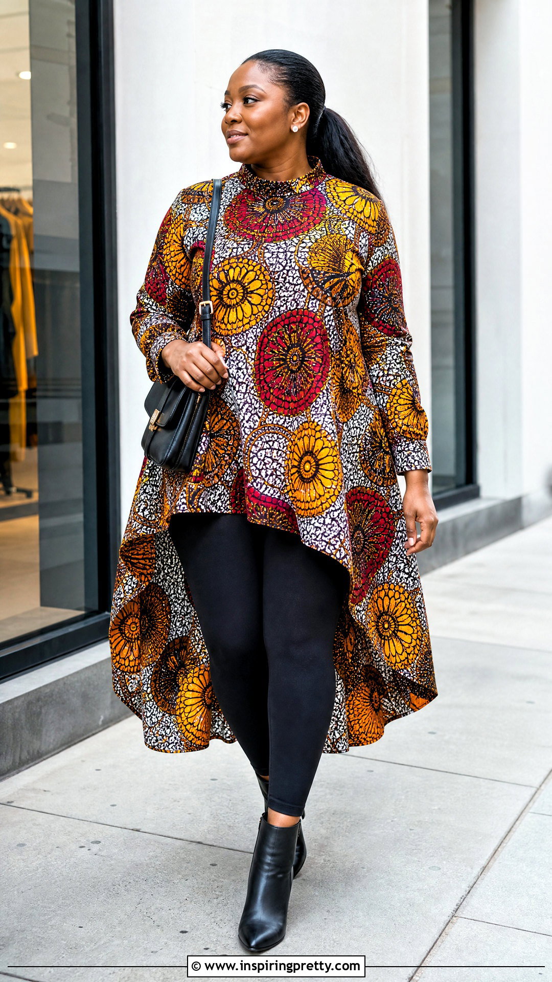 High Low Ankara Top With Black Leggings - 50 cute ankara tops outfit ideas