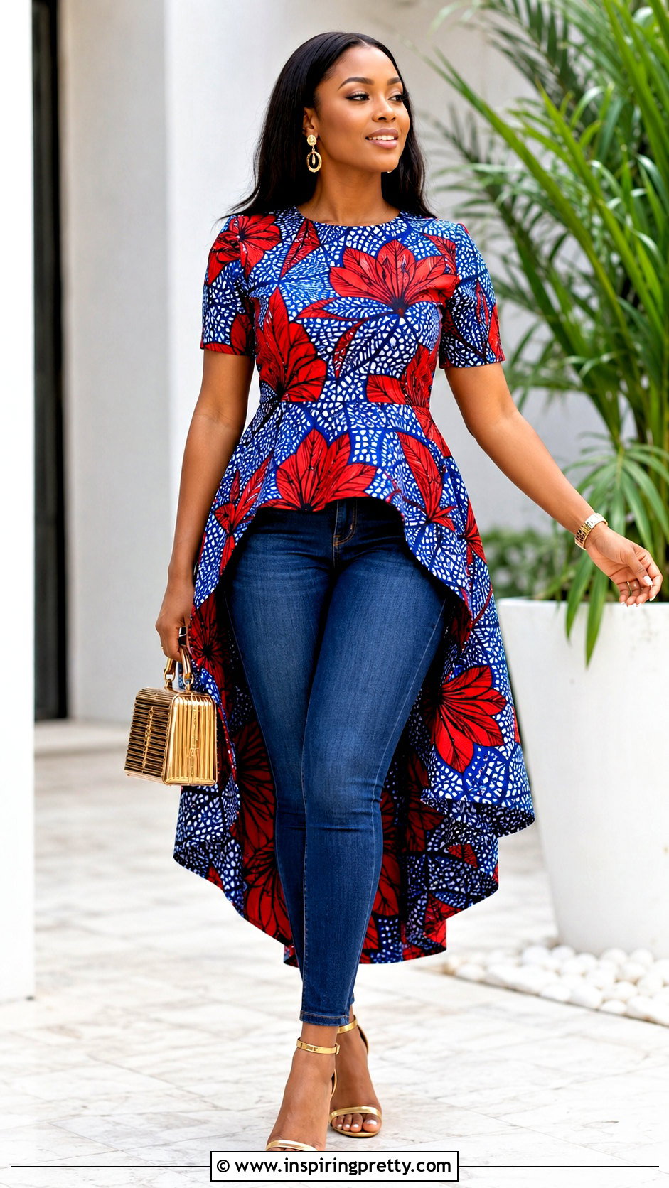 High Low Ankara Top With Pencil Jeans - 50 Simple Ankara Tops With Jeans