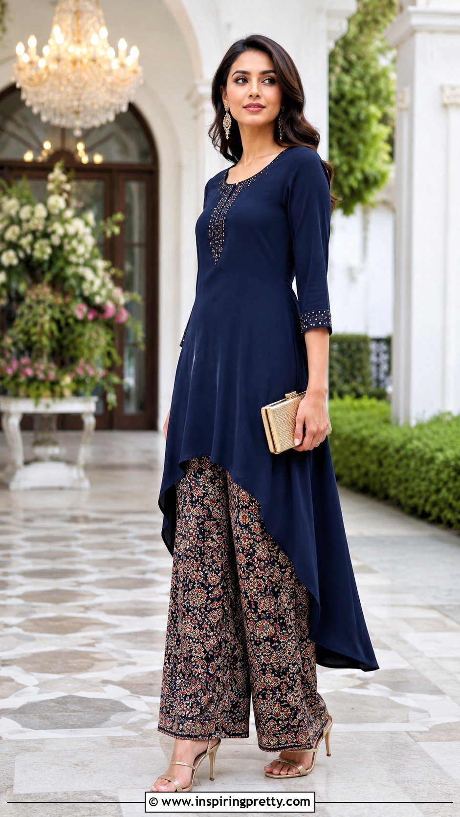 High Low Kurti With Palazzo Pants - 50 kurti tops outfit ideas
