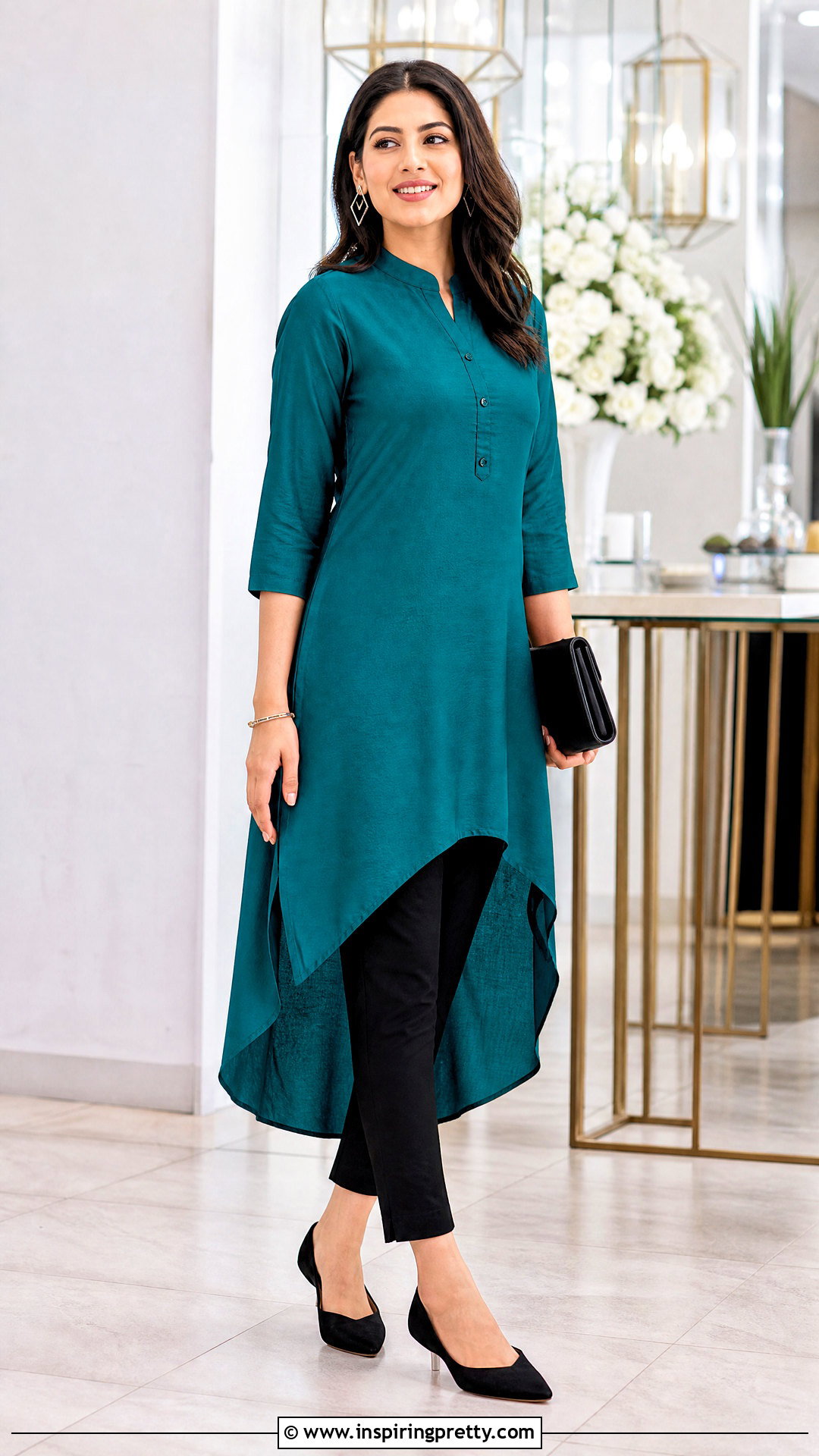 High Low Long Kurtha Top With Slim Pants - 20 long kurtha tops for women