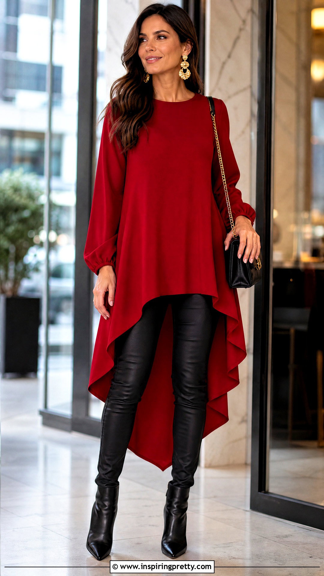 High Low Tunic Top With Coated Jeans - 20 boutique tunic tops outfit ideas