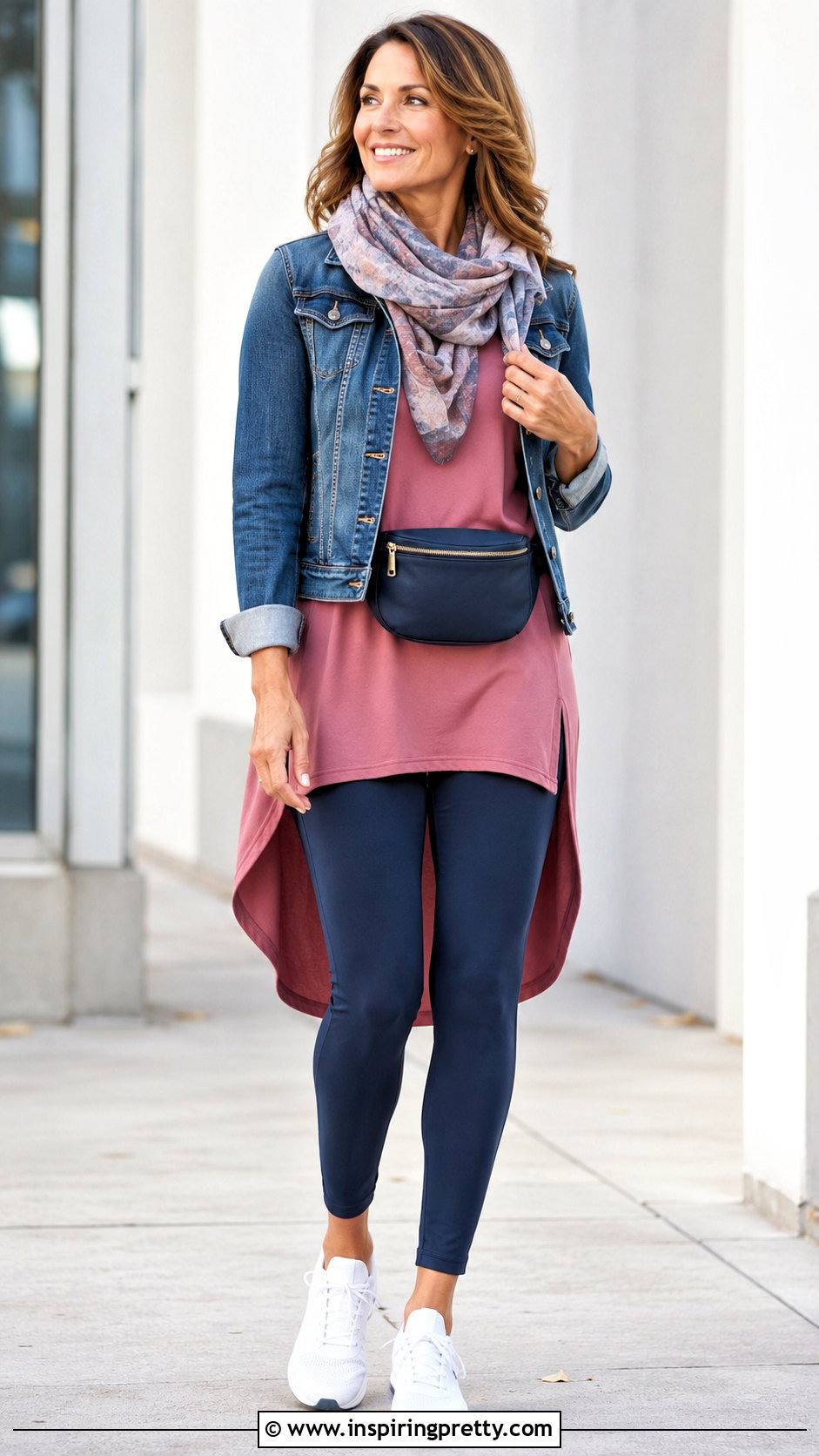 High Low Yoga Tunic Top With Navy Leggings - 20 yoga tunic tops outfit ideas