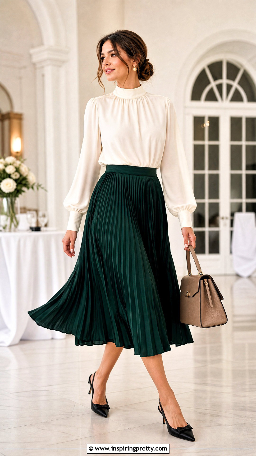 High Neck Blouse And Pleated Skirt Outfit - 50 elegant tops classy outfits