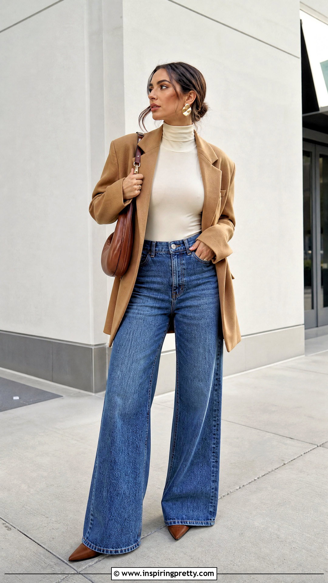High Neck Bodysuit With Wide Leg Jeans - 50 high neck top outfit ideas