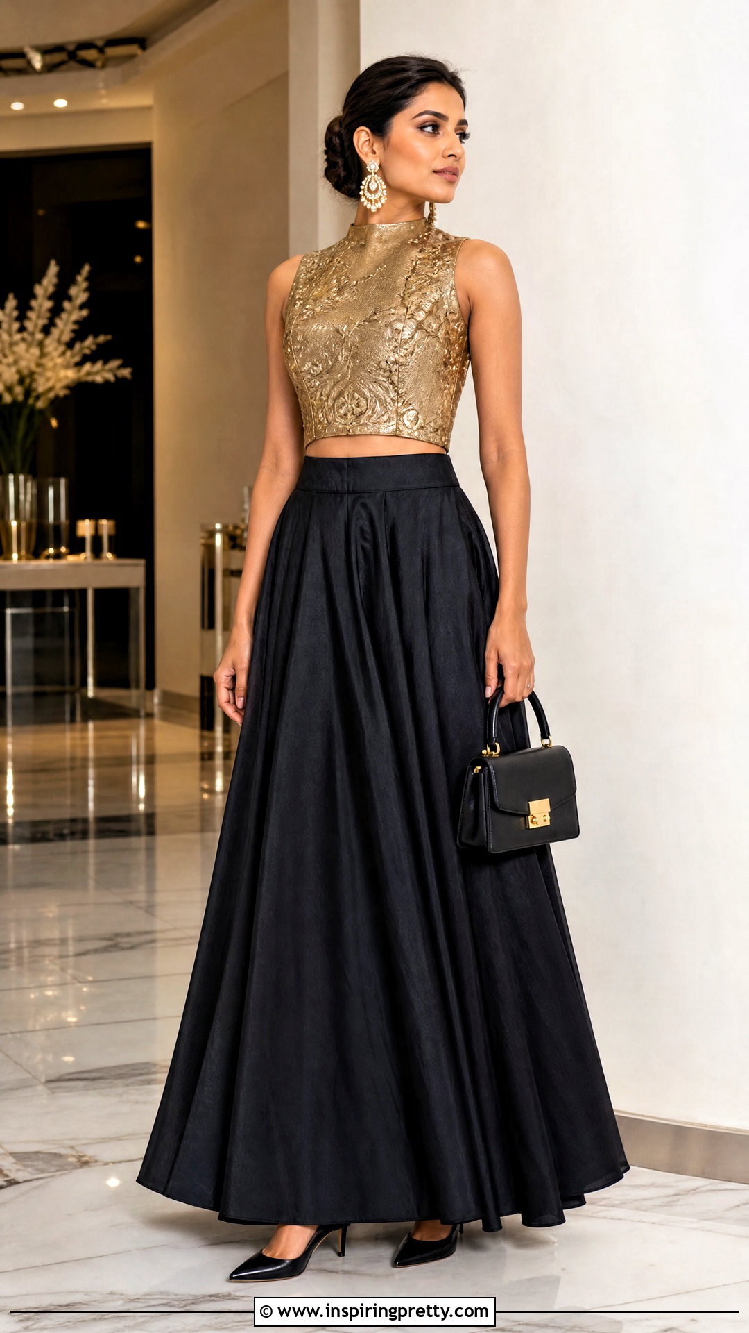 High Neck Brocade Top With A Line Skirt - 50 brocade top designs