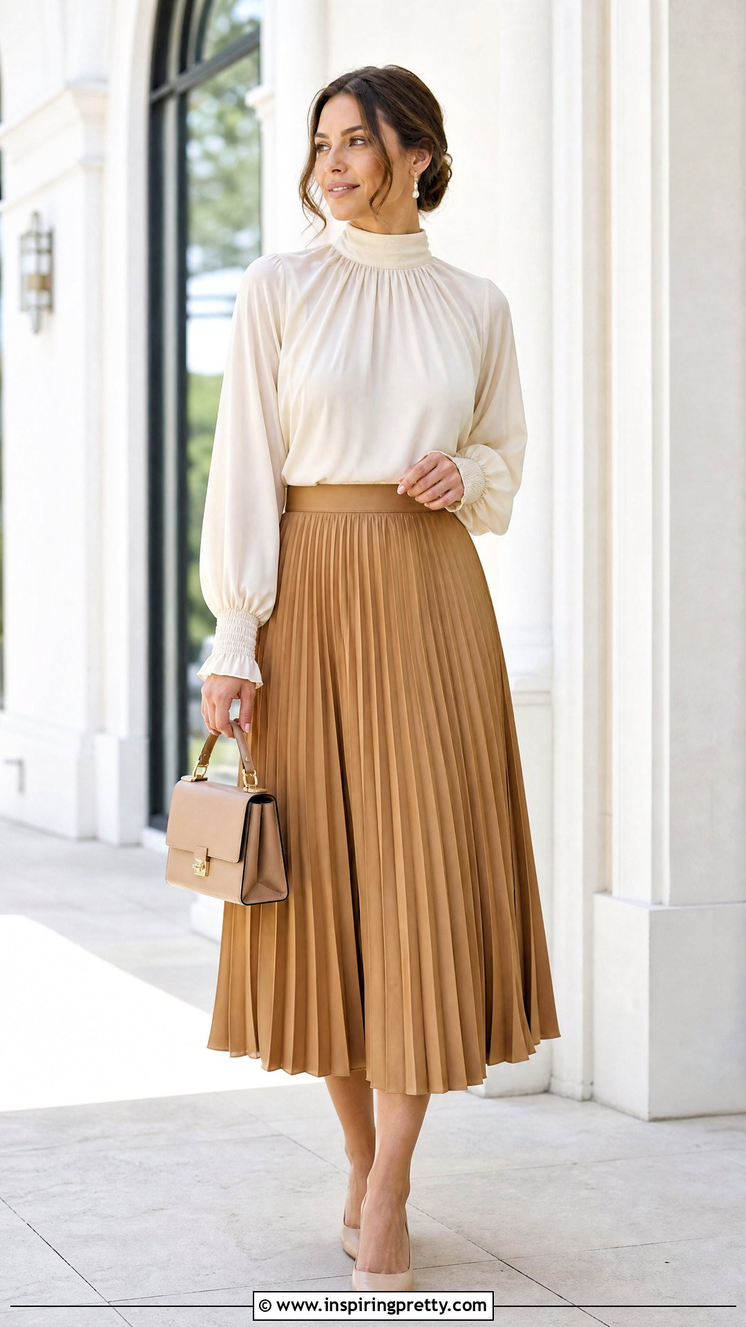 High Neck Chiffon Top With Pleated Skirt - 50 chiffon tops outfit ideas