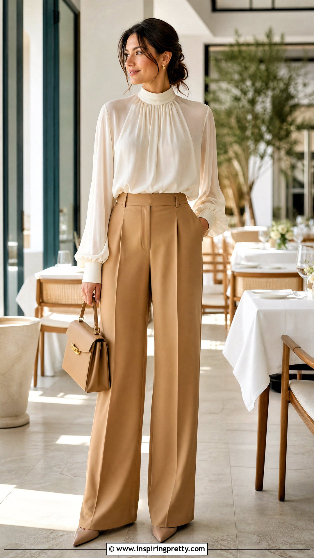 High Neck Chiffon Top With Wide Leg Pants - 50 elegant tops outfit ideas