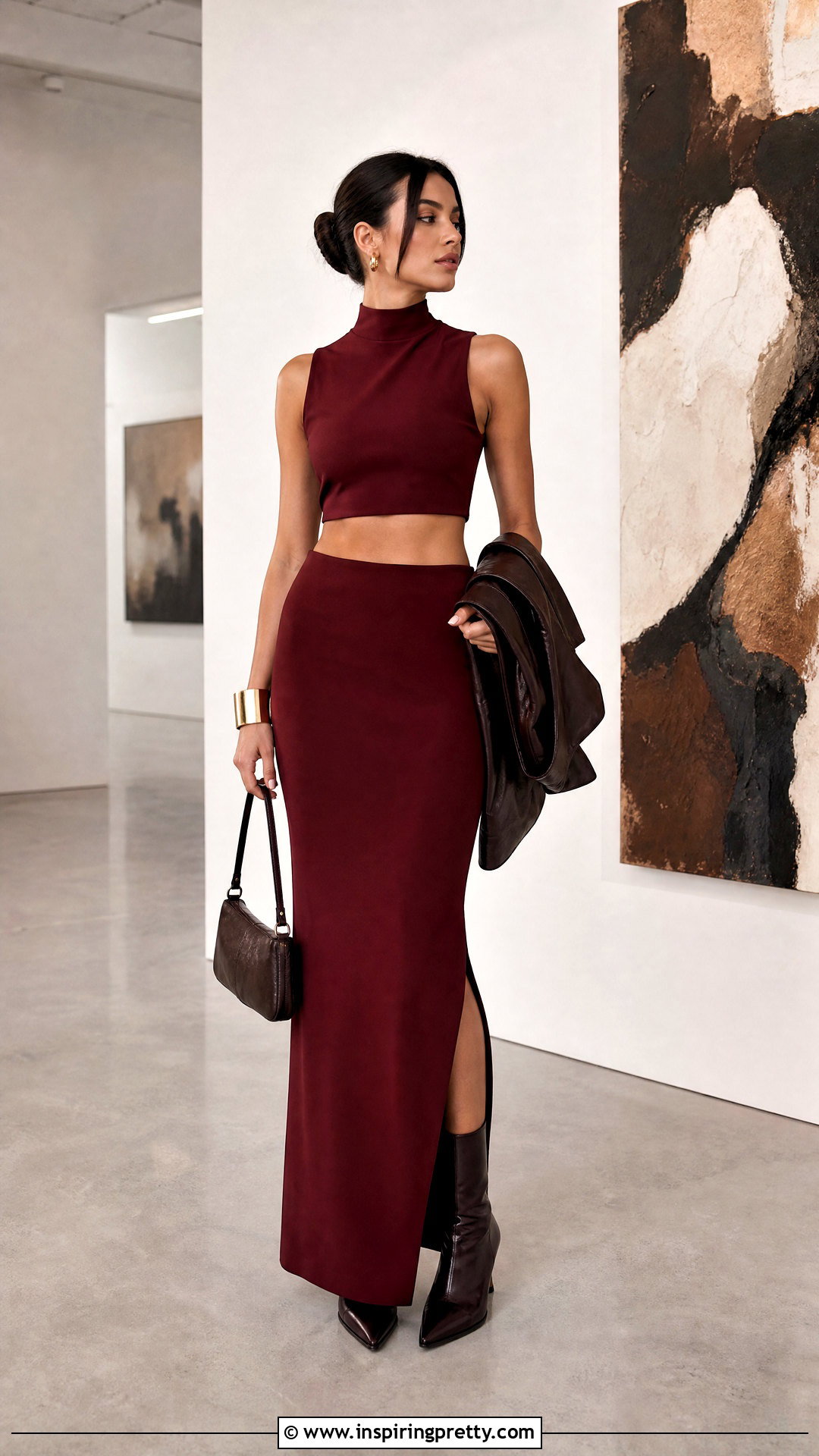 High Neck Crop Top And Column Maxi Skirt - 50 crop top and skirt outfit ideas