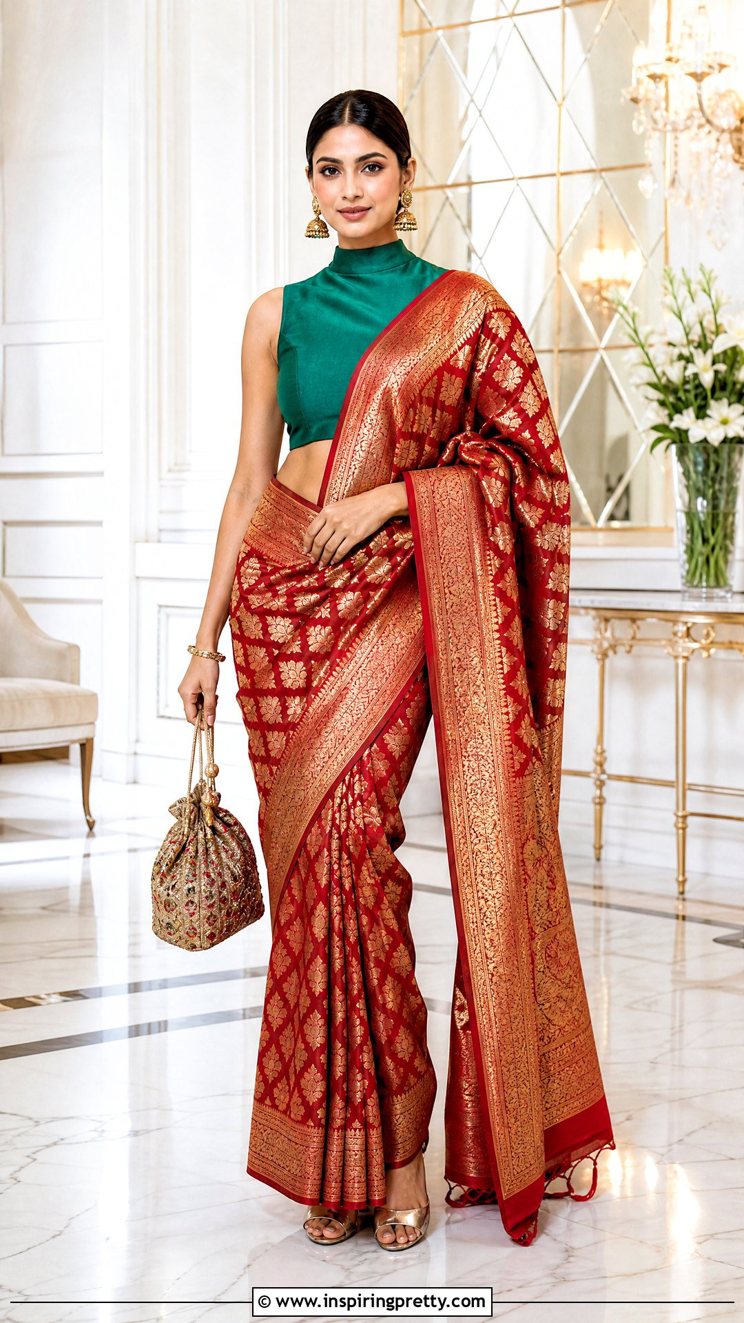 High Neck Crop Top Blouse With Banarasi Saree - 20 crop top blouse for saree outfit ideas