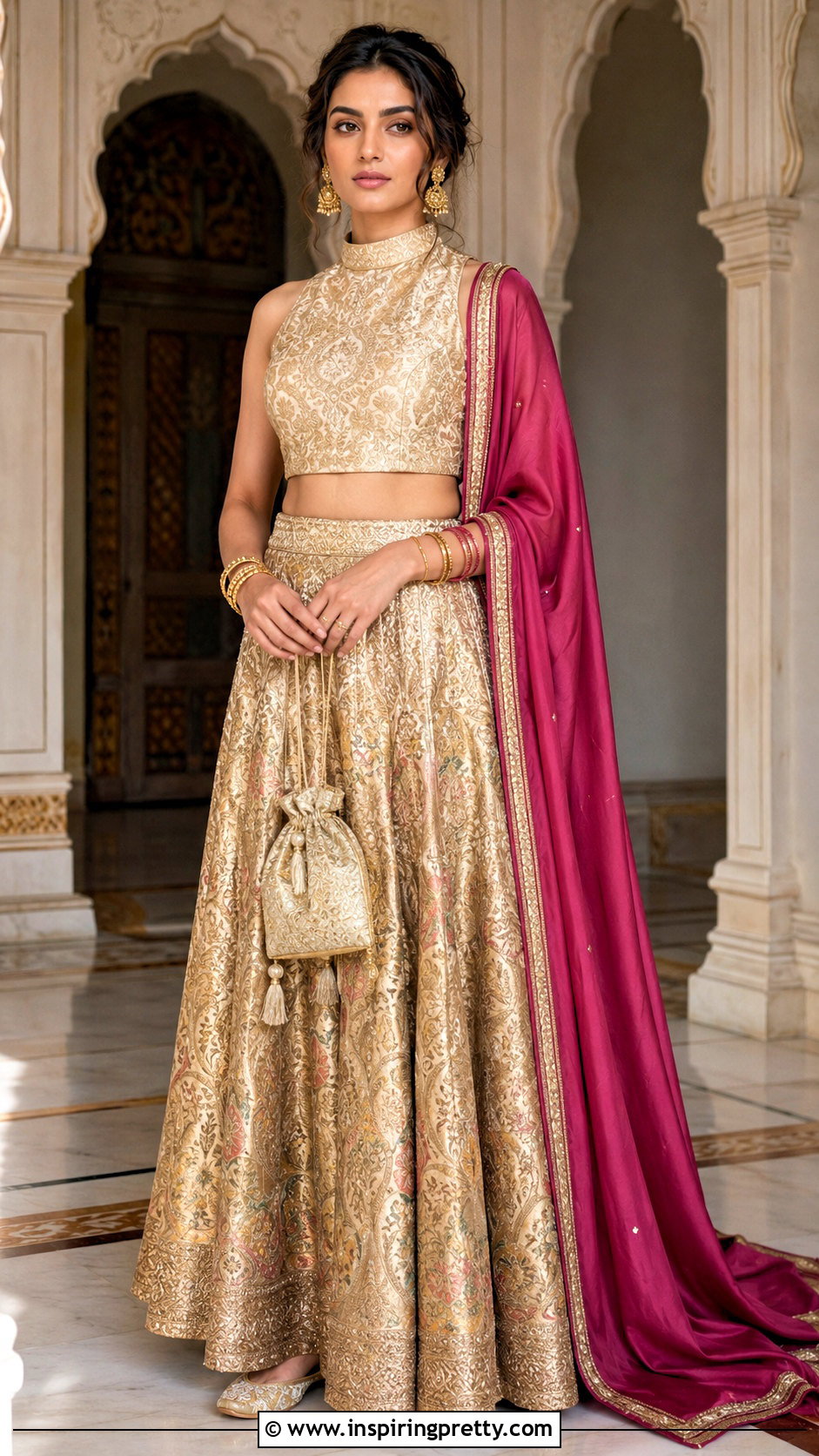 High Neck Crop Top Blouse With Brocade Lehenga - 20 Crop Top Blouse Designs For Lehanga Outfit Ideas