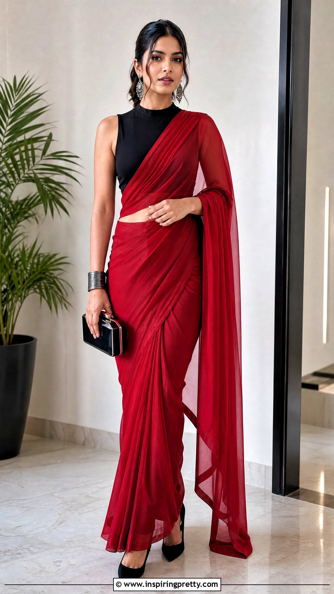 High Neck Crop Top Blouse With Chiffon Saree - 50 latest crop top blouse designs