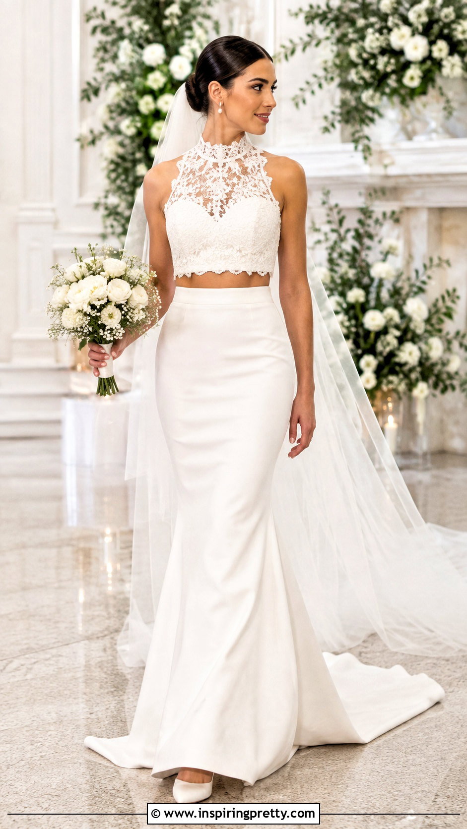 High Neck Crop Top Bridal Dress - 25 crop top bridal dress outfit ideas