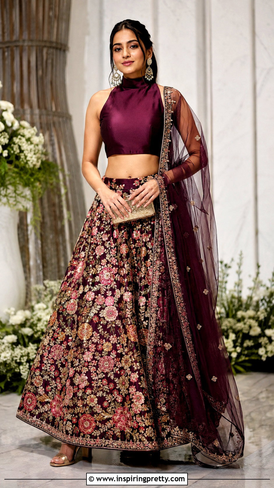 High Neck Crop Top With Embroidered Lehenga - 50 traditional crop top designs