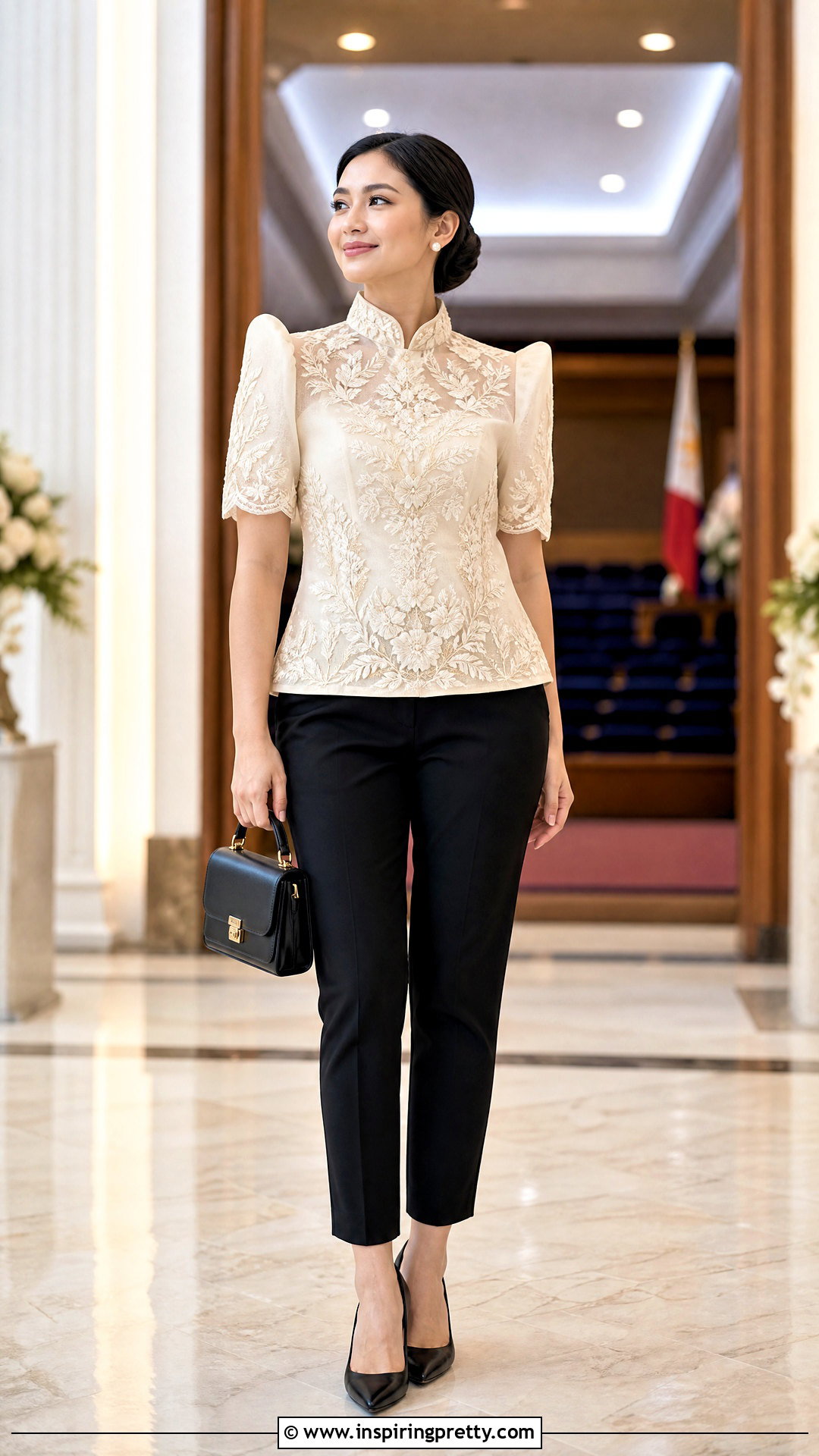 High Neck Filipiniana Top With Tapered Trousers - 50 filipiniana top and pants