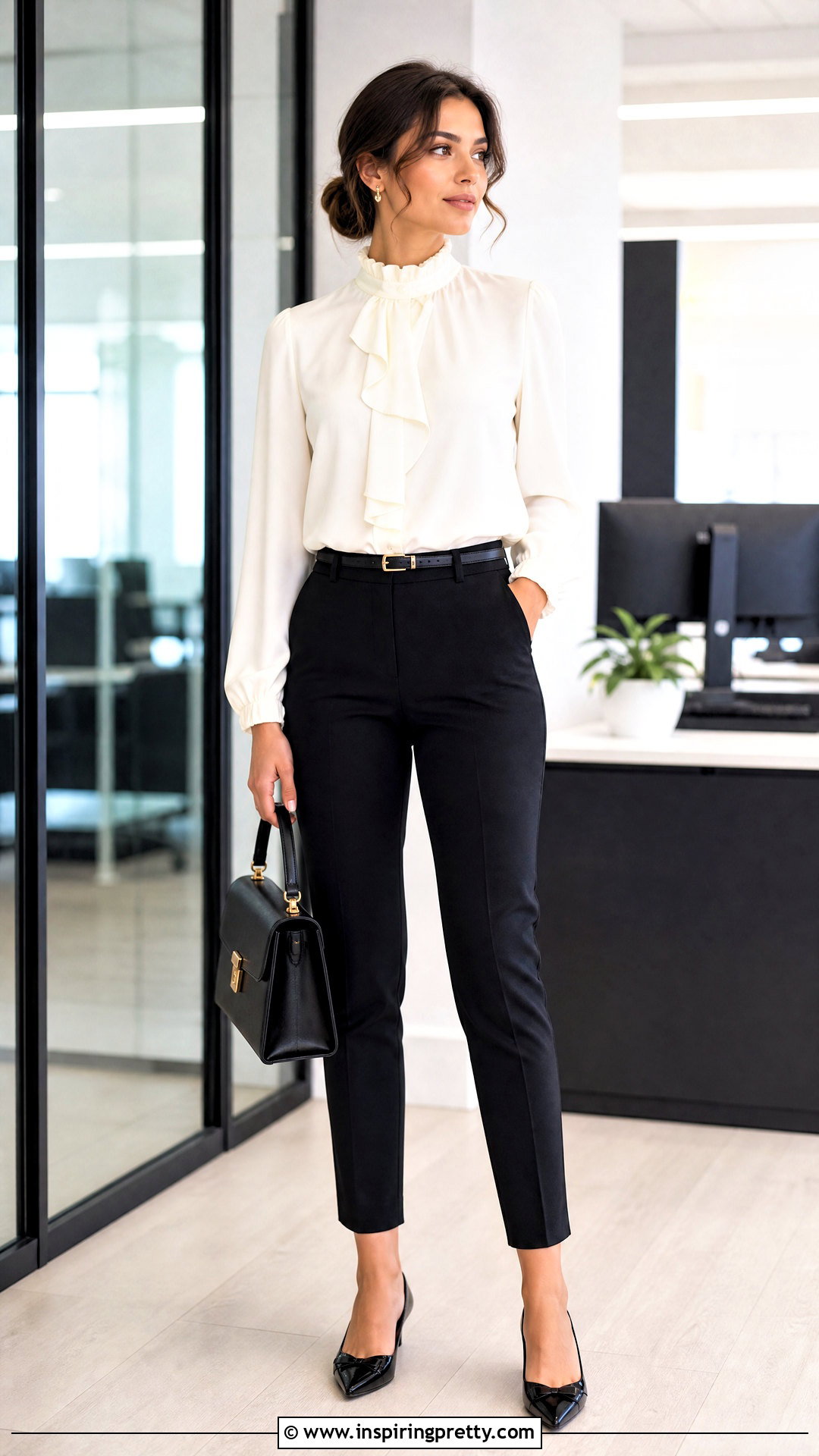 High Neck Frill Top With Cigarette Pants - 50 frill top outfit ideas