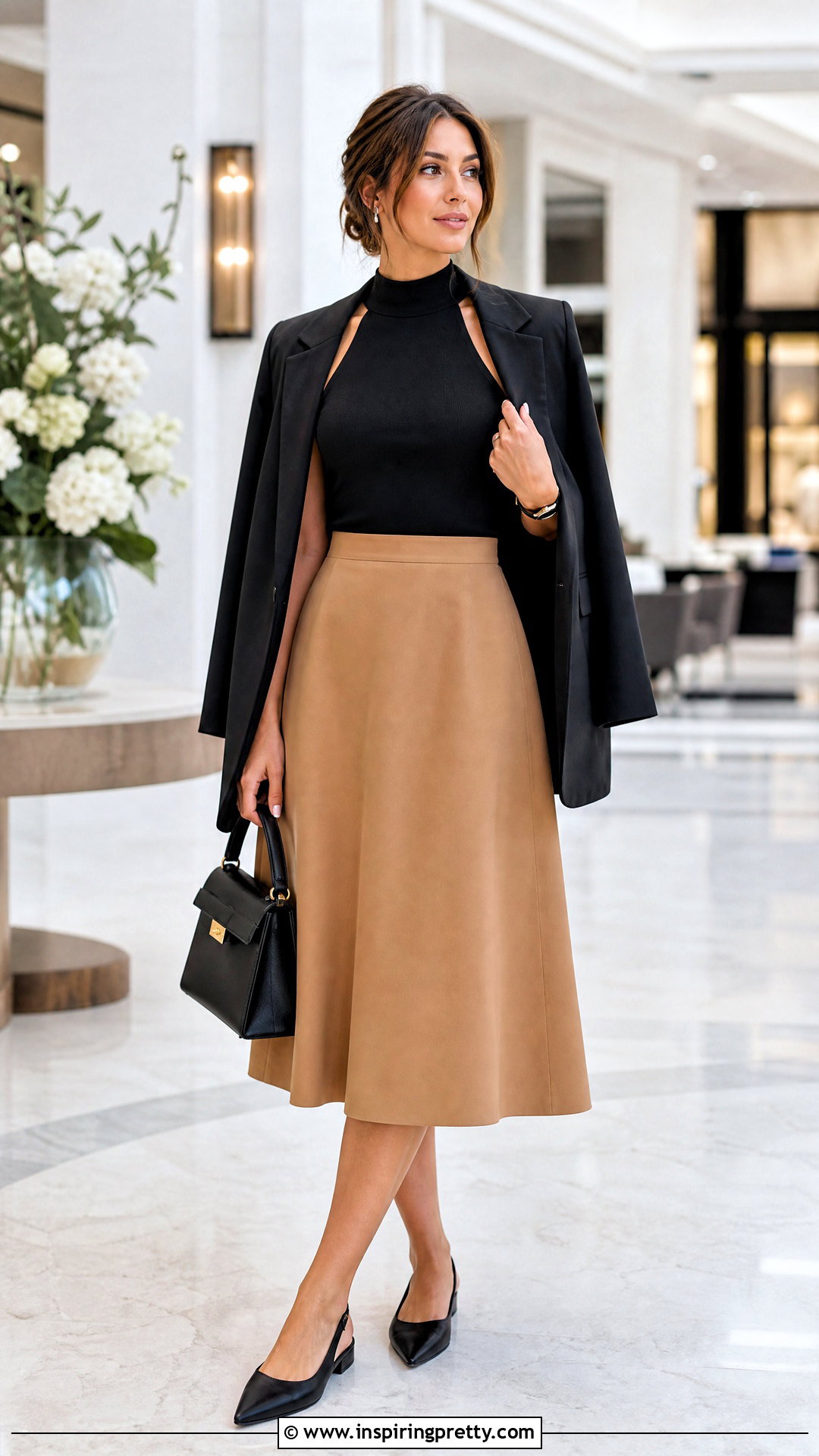 High Neck Halter Top With A Line Midi Skirt - 25 Halter Top Business Casual outfits