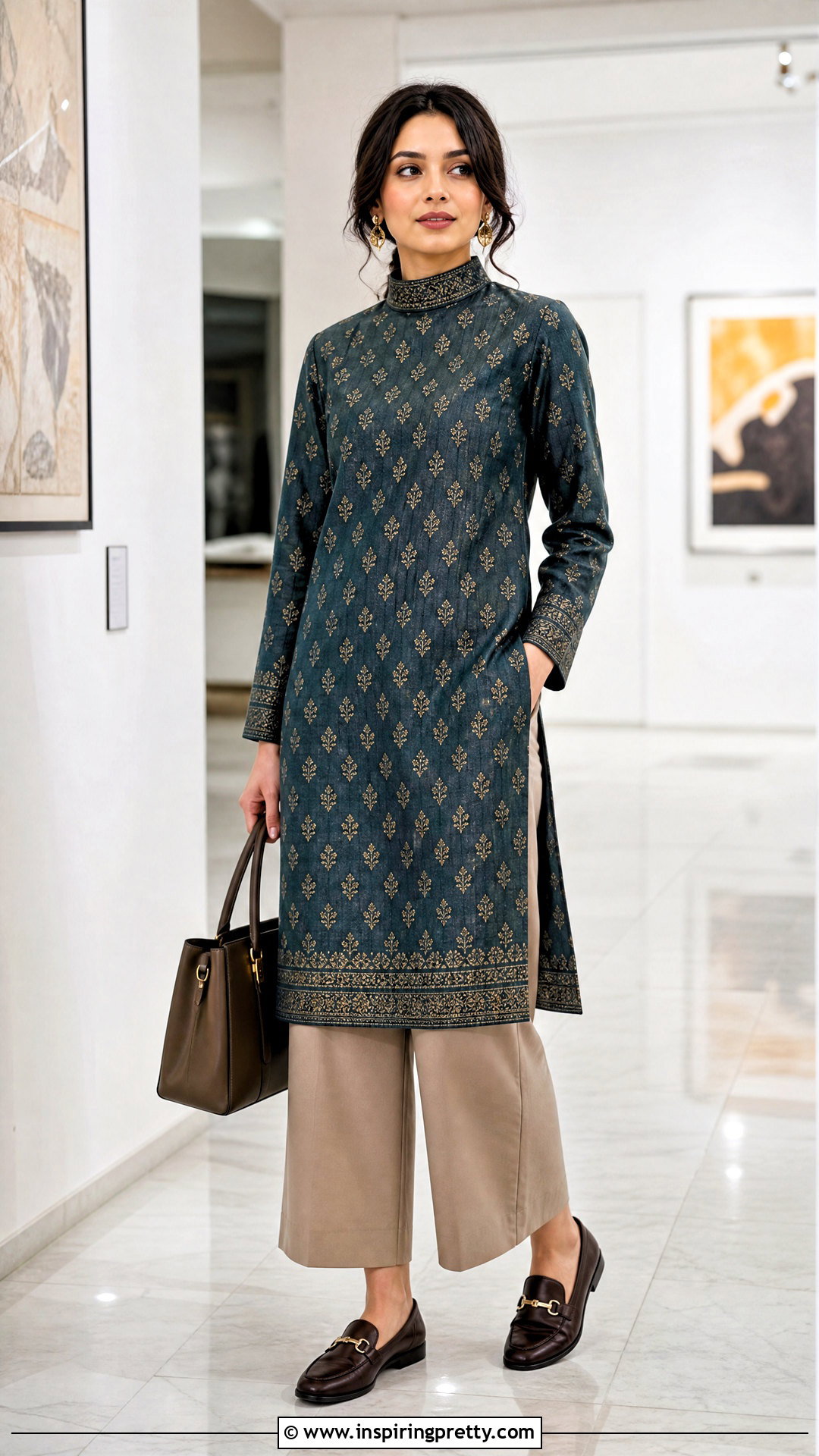 High Neck Kurti With Culotte Pants - 20 kurthi tops neck designs