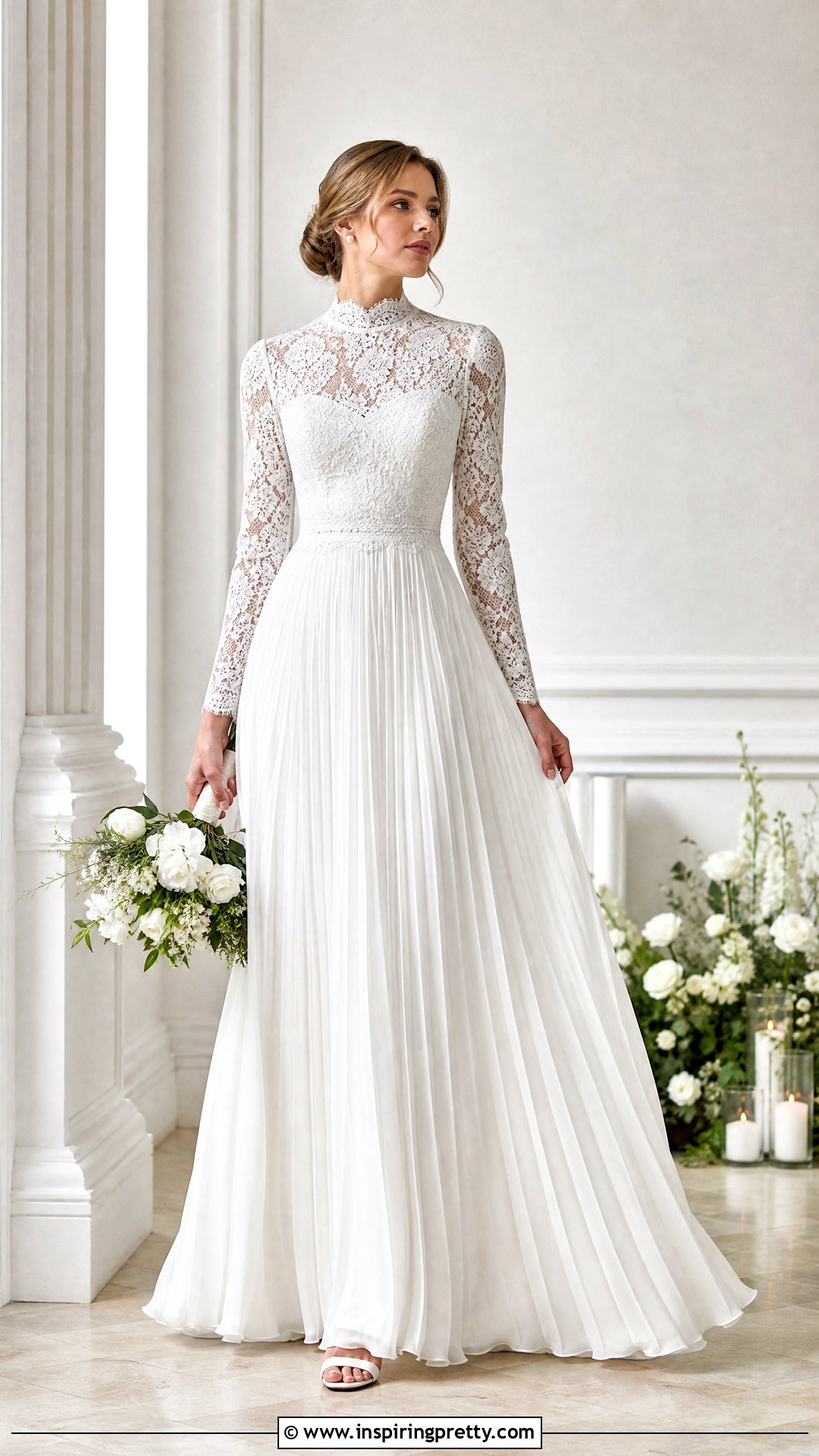 High Neck Lace Top Pleated Wedding Dress - 25 lace top flowy bottom wedding dress outfit ideas