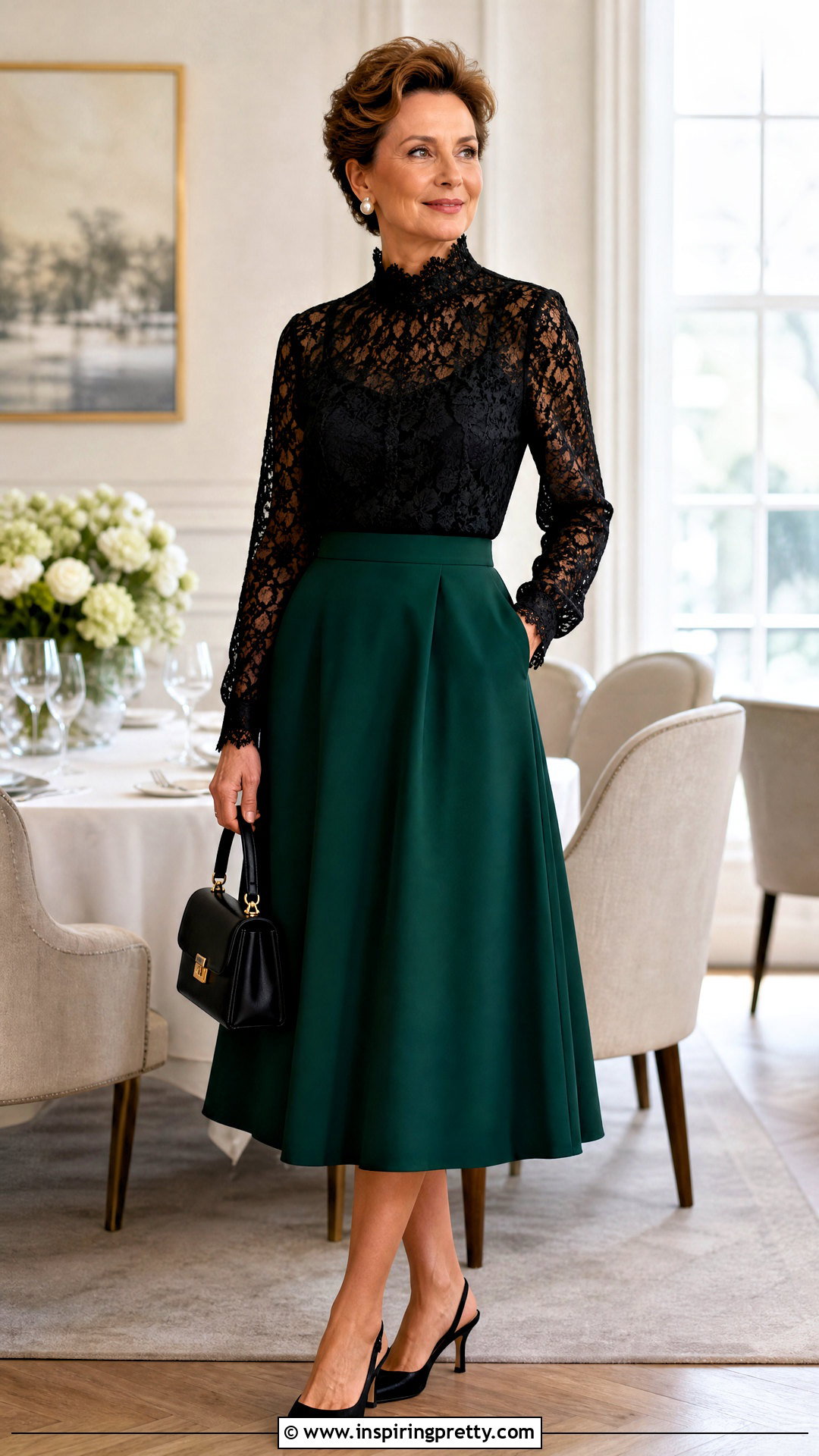 High Neck Lace Top With A Line Midi Skirt And Heels - 20 Elegant Outfit With Lace Top And Heels