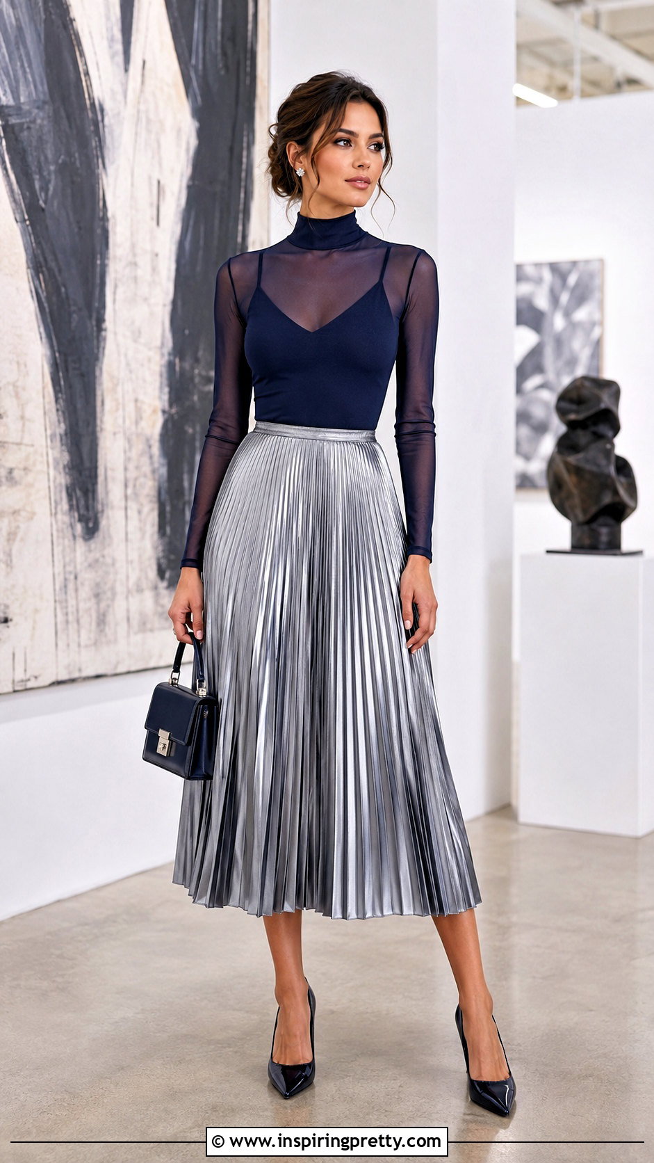 High Neck Net Top With Pleated Midi Skirt - 50 net top designs for women
