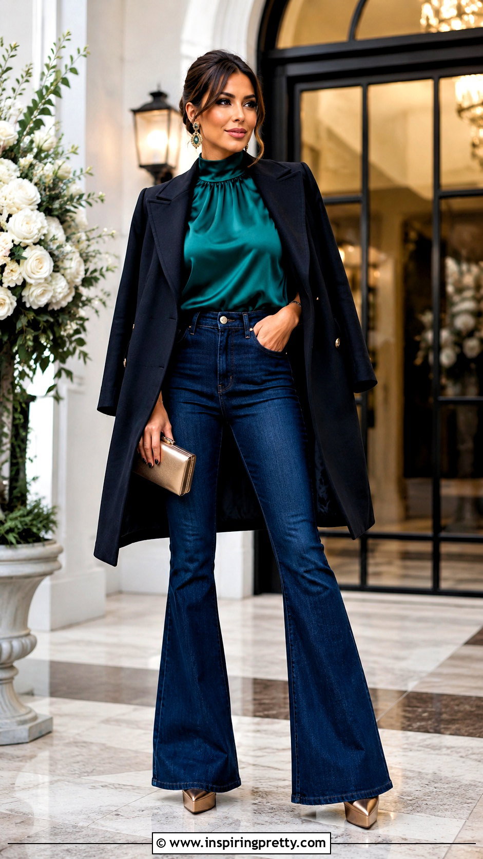 High Neck Satin Top With Flare Jeans - 50 jeans and top outfit going out ideas