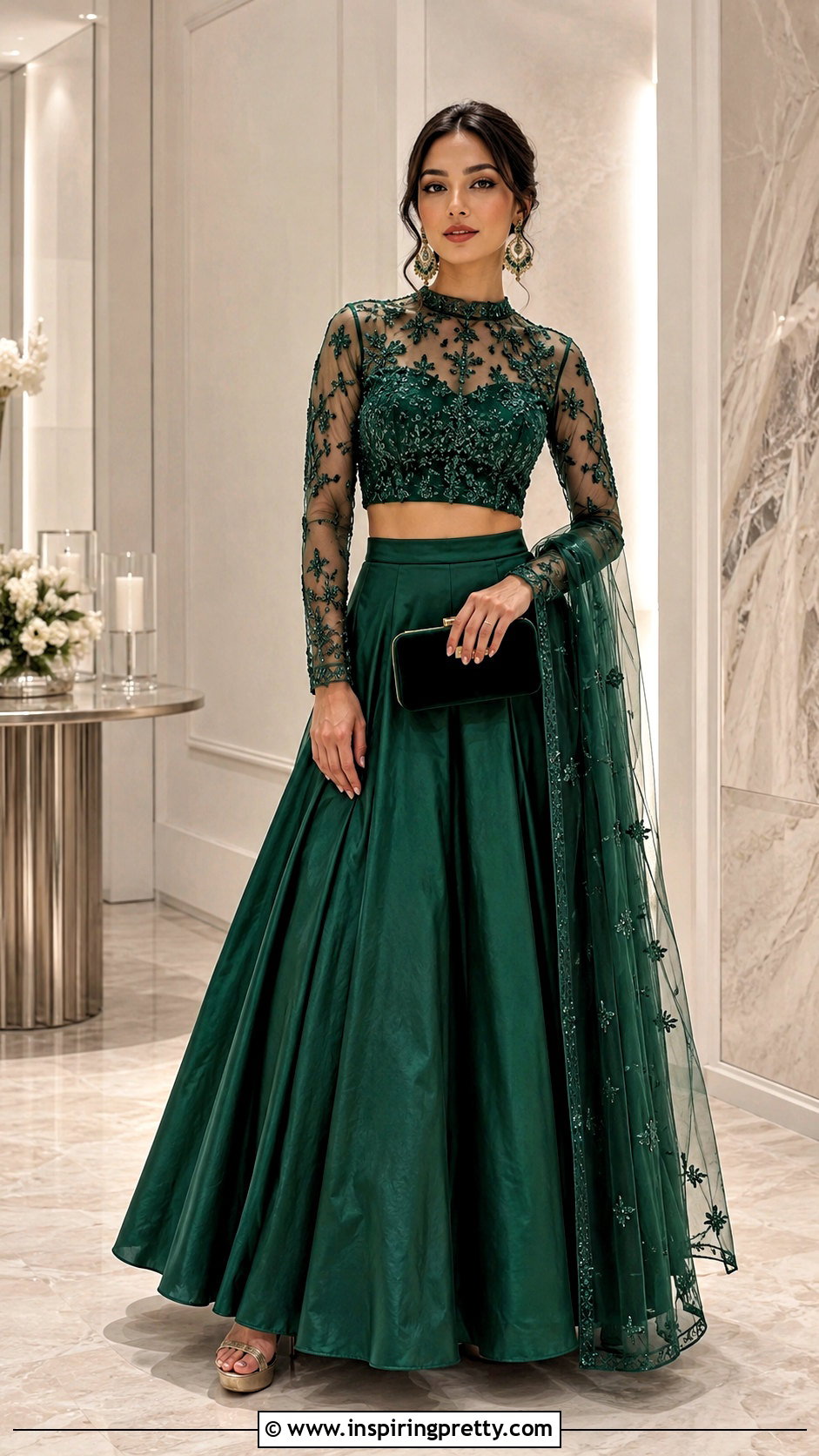 High Neck Sheer Sleeve Crop Top Lehenga - 50 Crop Top Designs For Lehenga Ideas