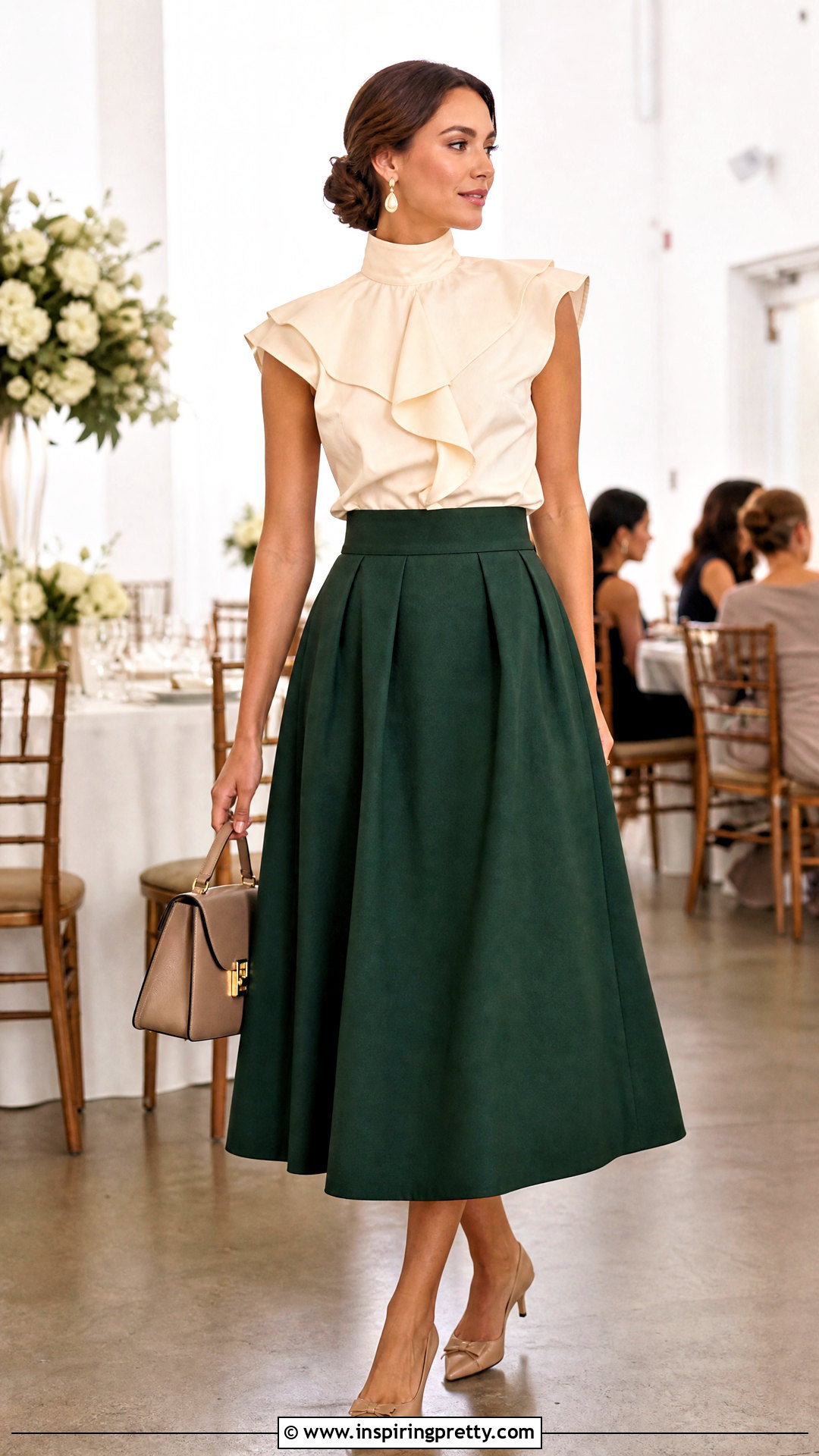 High Neck Structured Ruffle Top With A Line Midi Skirt - 20 Structured Ruffle Top outfit ideas