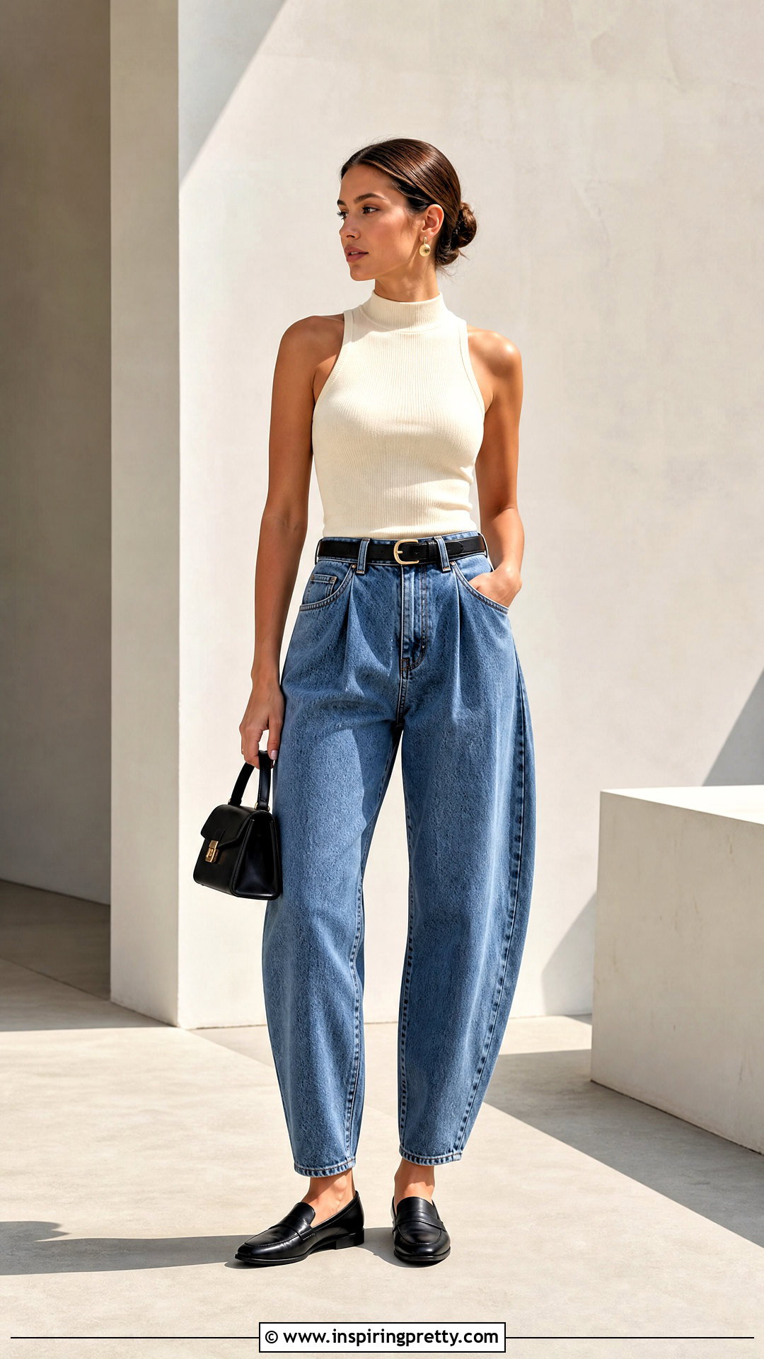 High Neck Tank Top With Barrel Jeans - 50 tank top outfits with jeans
