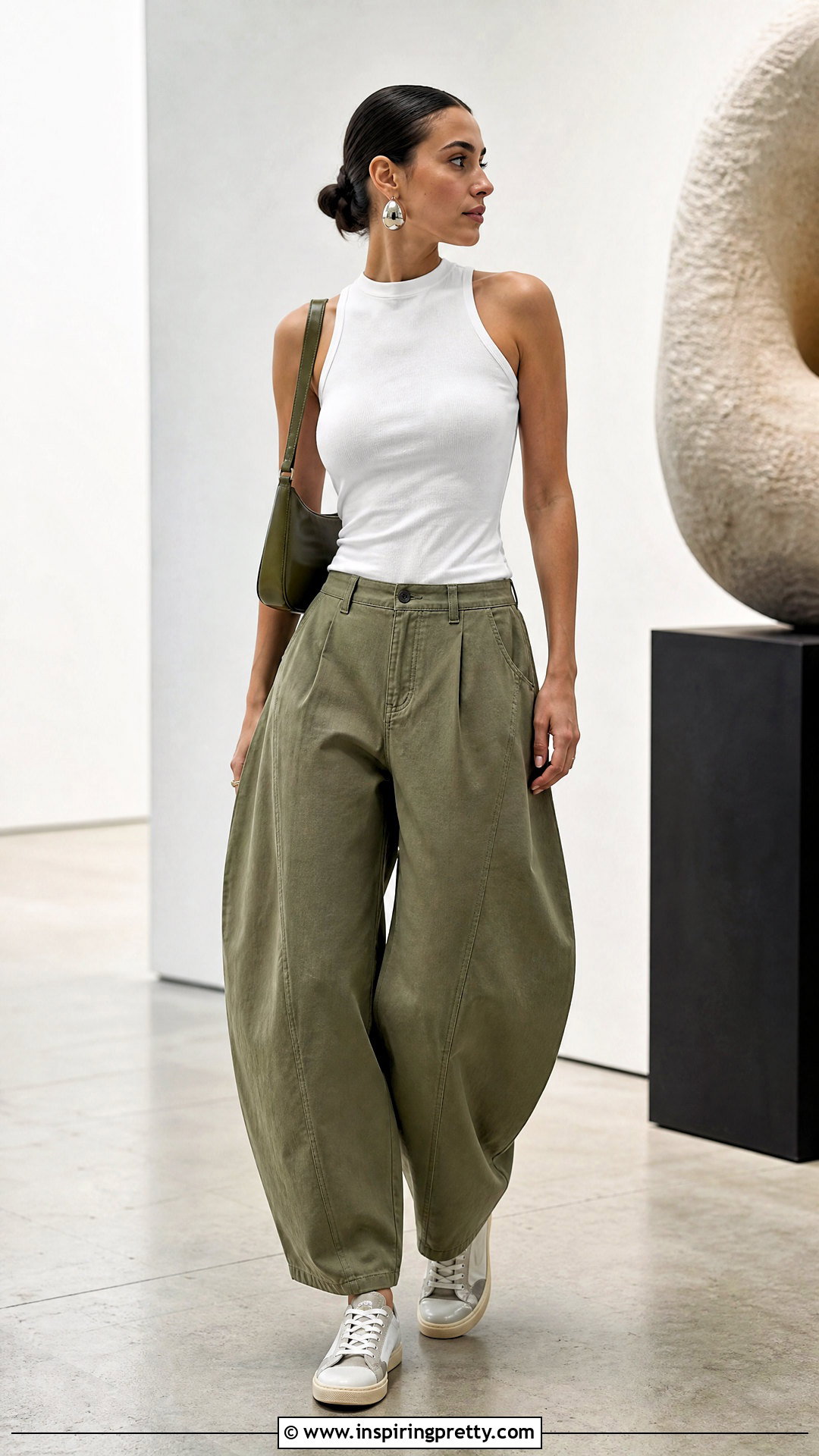High Neck Tank With Barrel Leg Pants - 50 small top big pants outfit ideas