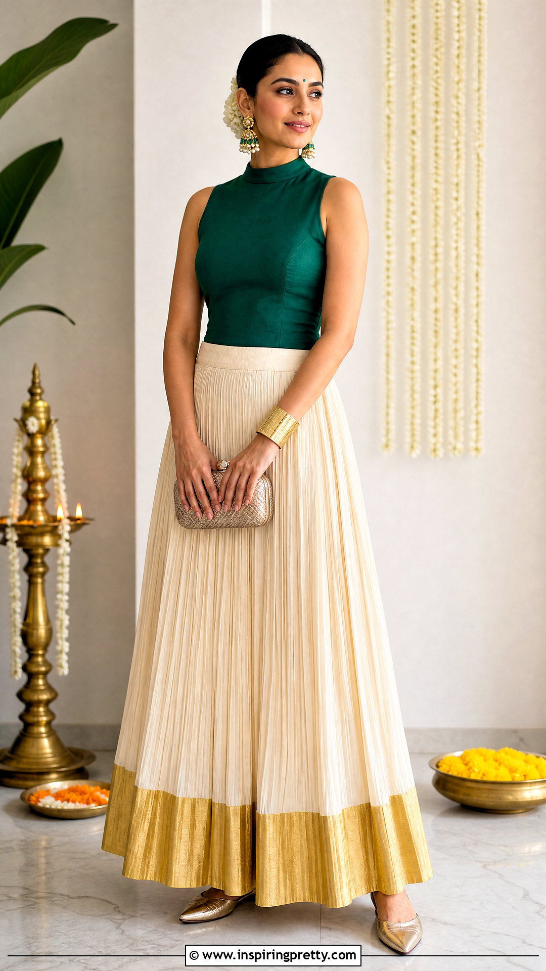 High Neck Top And Pleated Onam Skirt - 50 latest onam skirt and top designs