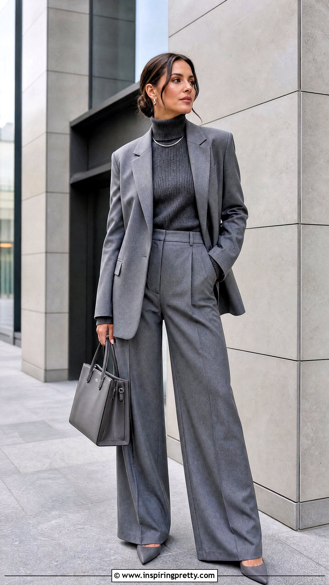High Neck Top With Monochrome Pantsuit - 50 high neck top outfit ideas
