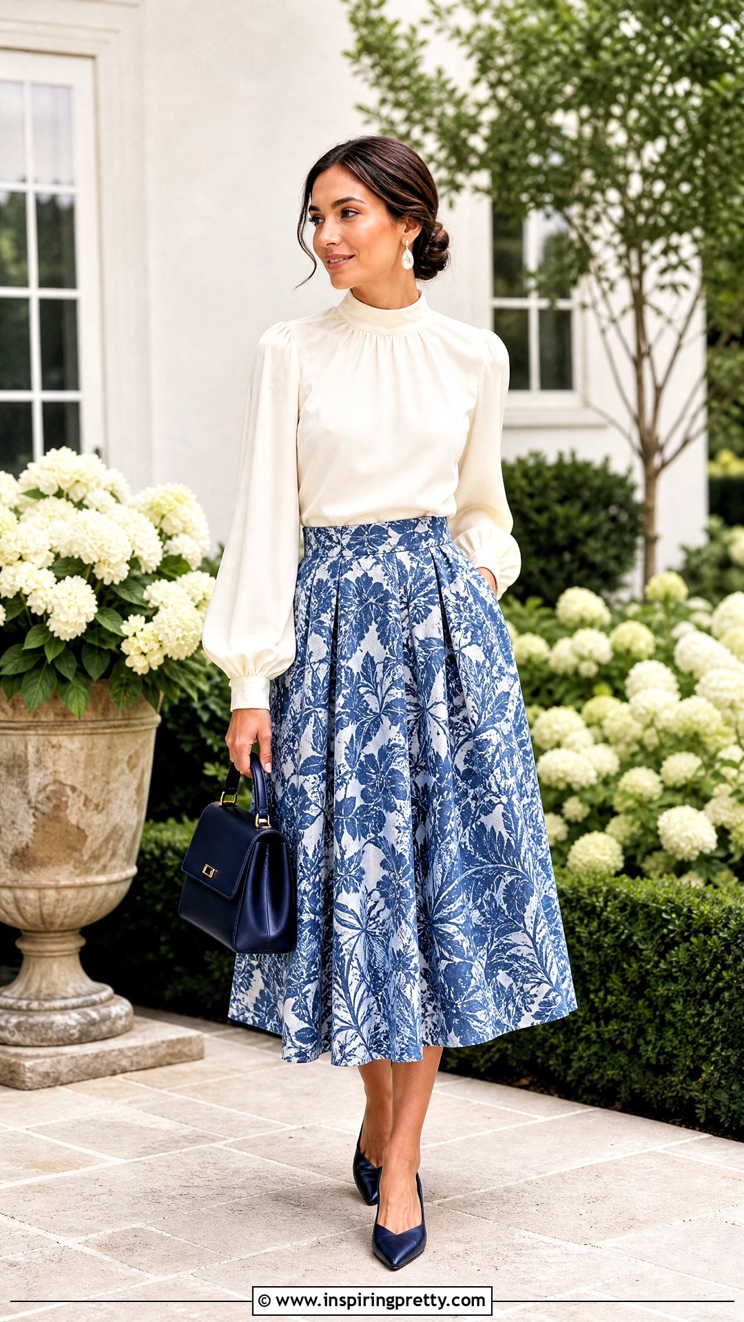 High Neck Top With Printed Midi Skirt - 50 modest summer tops outfit ideas