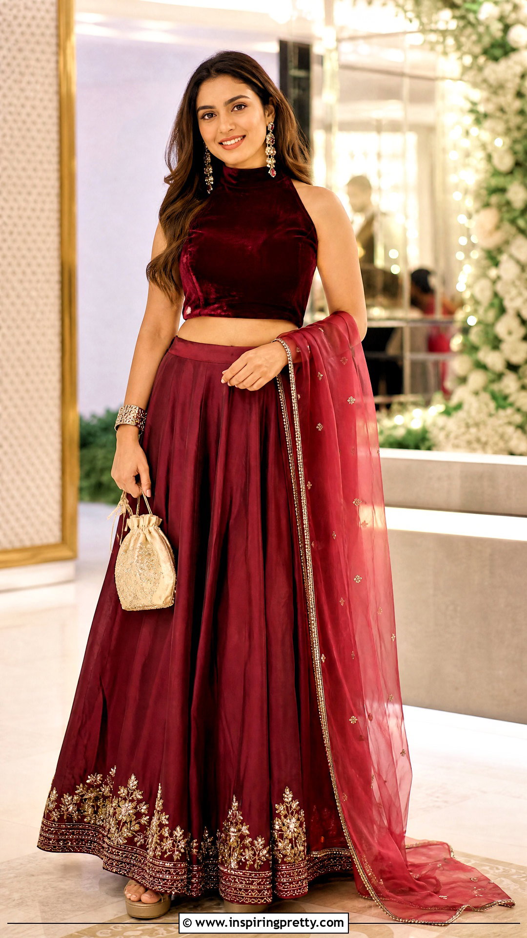 High Neck Velvet Crop Top With Flared Lehenga - 50 velvet crop top designs for lehengas