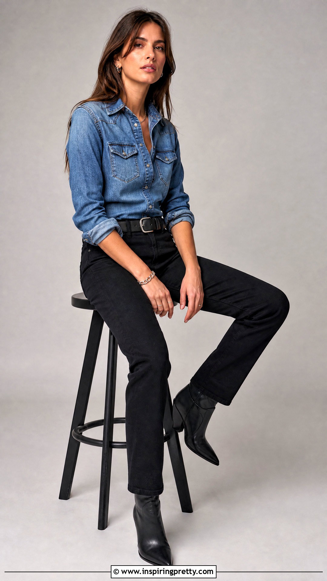 High Stool Pose With Denim Shirt And Black Jeans - 50 Photo Poses In Jeans Tops