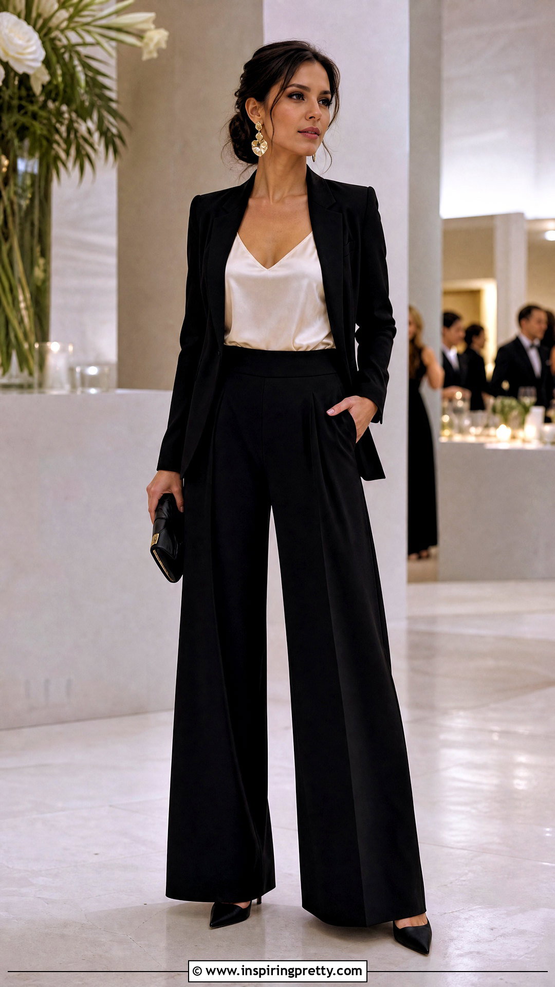 High Waisted Palazzo Pants With Satin Camisole - 50 palazzo pants and top outfit ideas