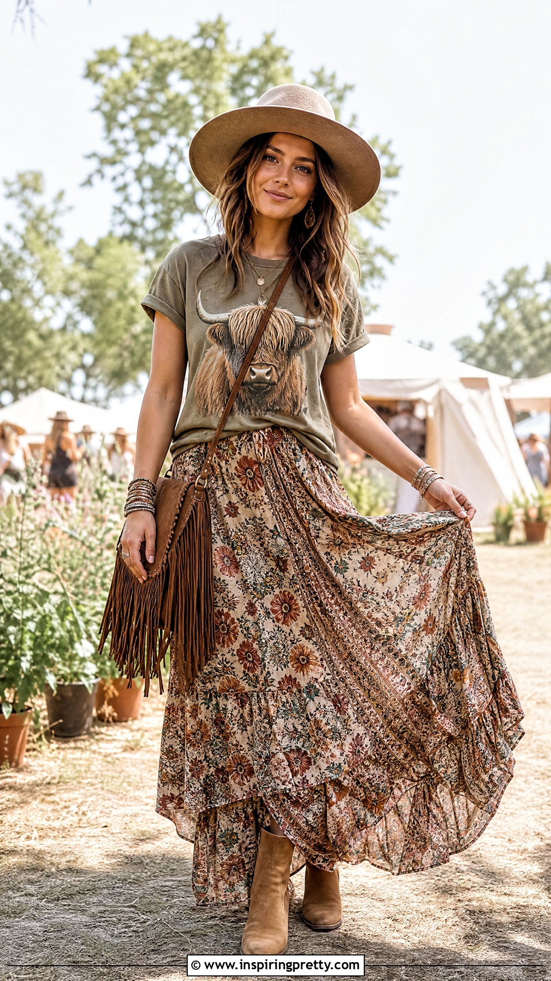 Highland Cow Top With Boho Maxi Skirt - 20 highland cow top outfit ideas