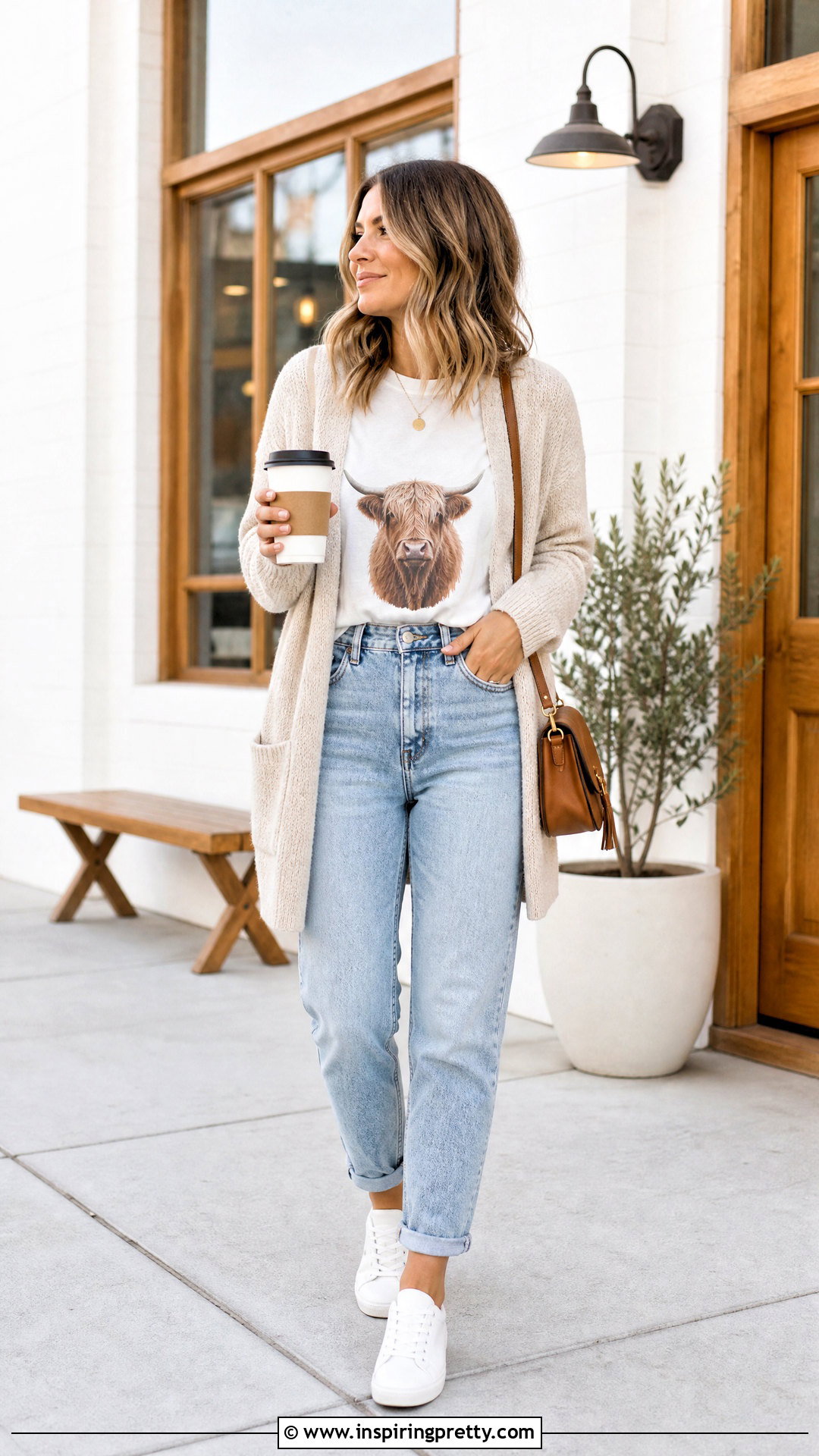 Highland Cow Top With Cardigan And Mom Jeans - 20 highland cow top outfit ideas