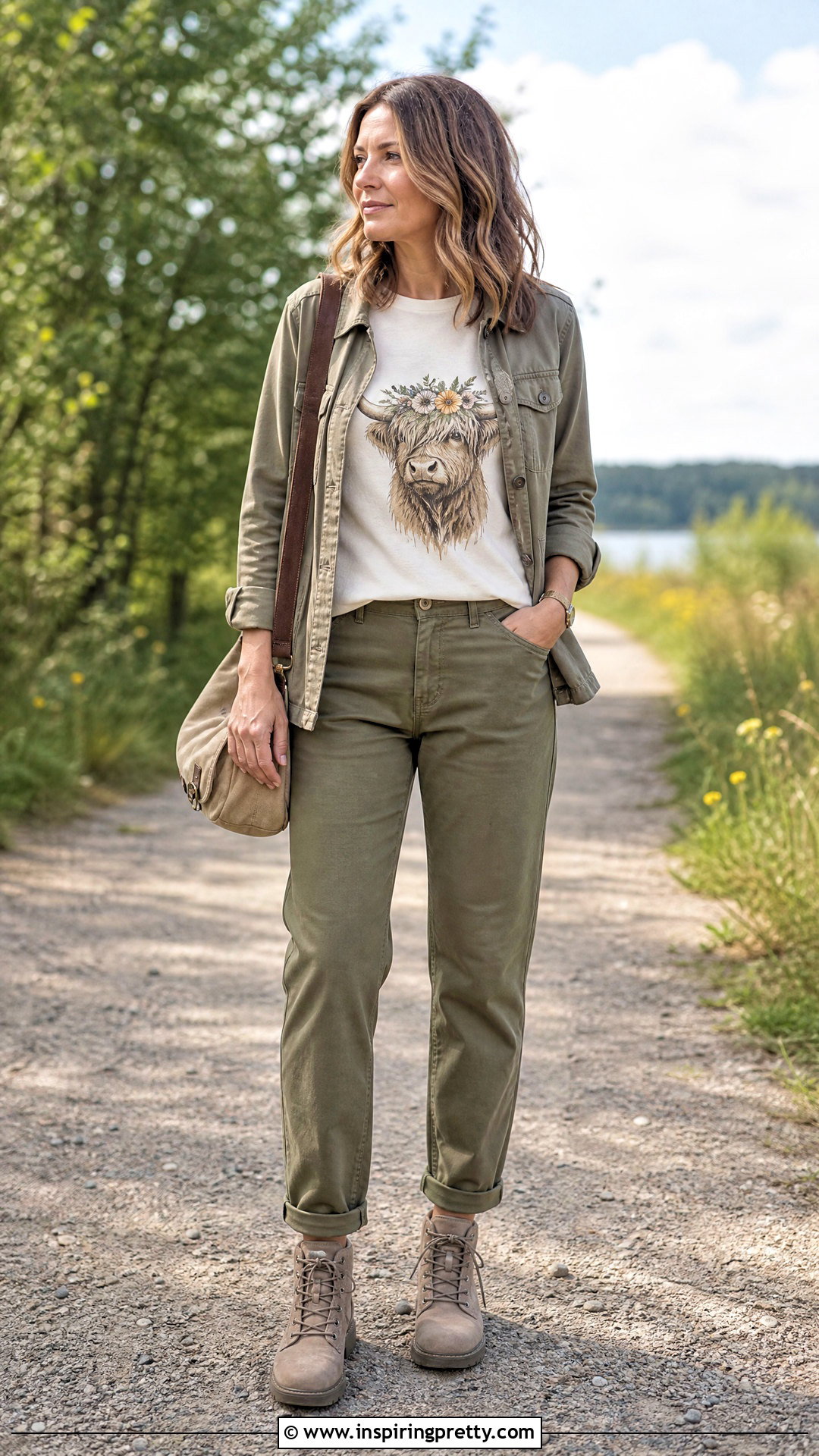 Highland Cow Top With Utility Jacket And Olive Pants - 20 highland cow top outfit ideas