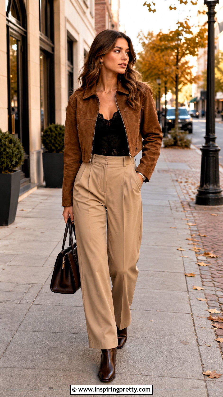 Hollister Black Lace Top With Suede Jacket And Tan Trousers - 25 Hollister Black Lace Top outfit ideas